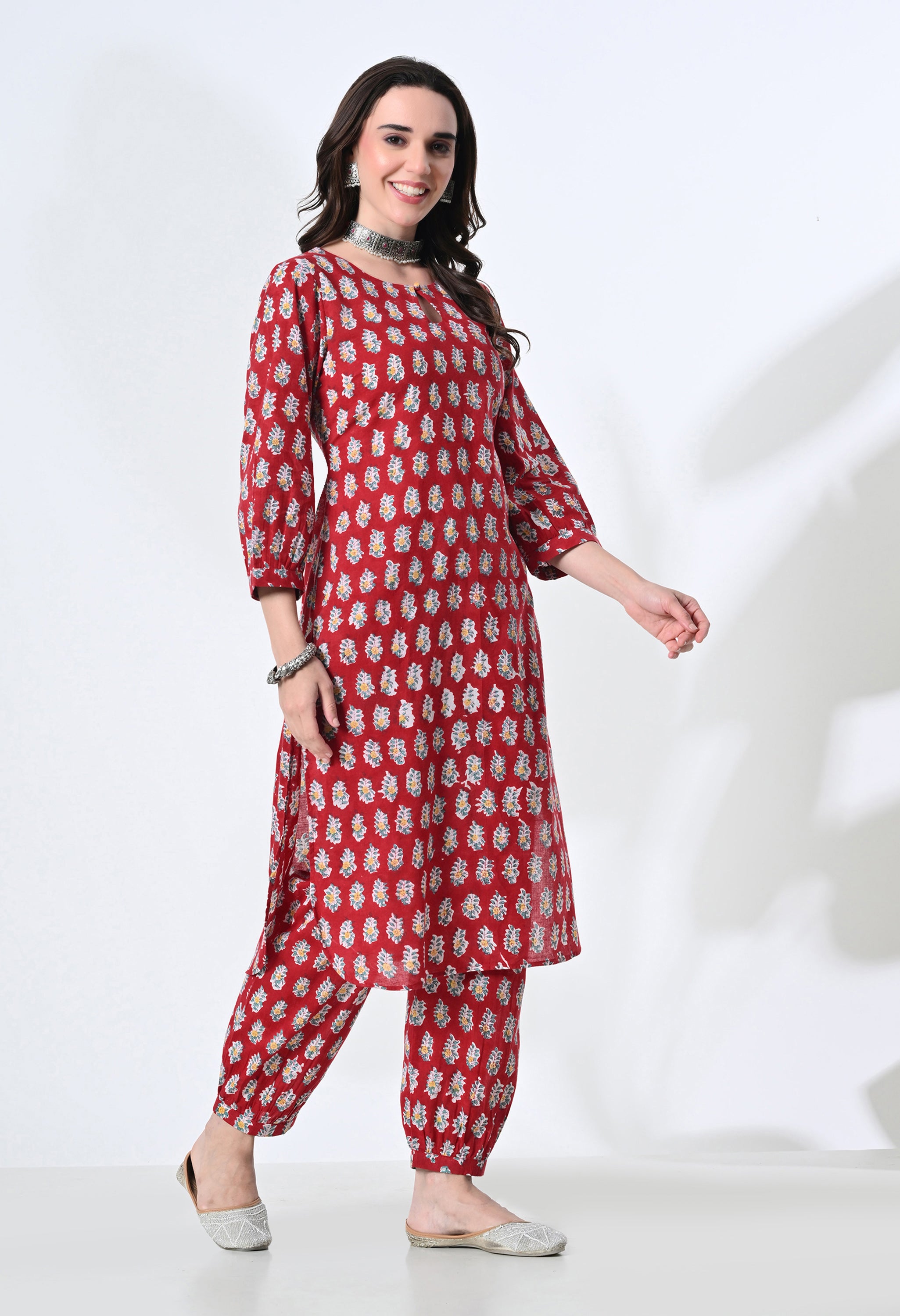 RED HANDBLOK KURTA SET