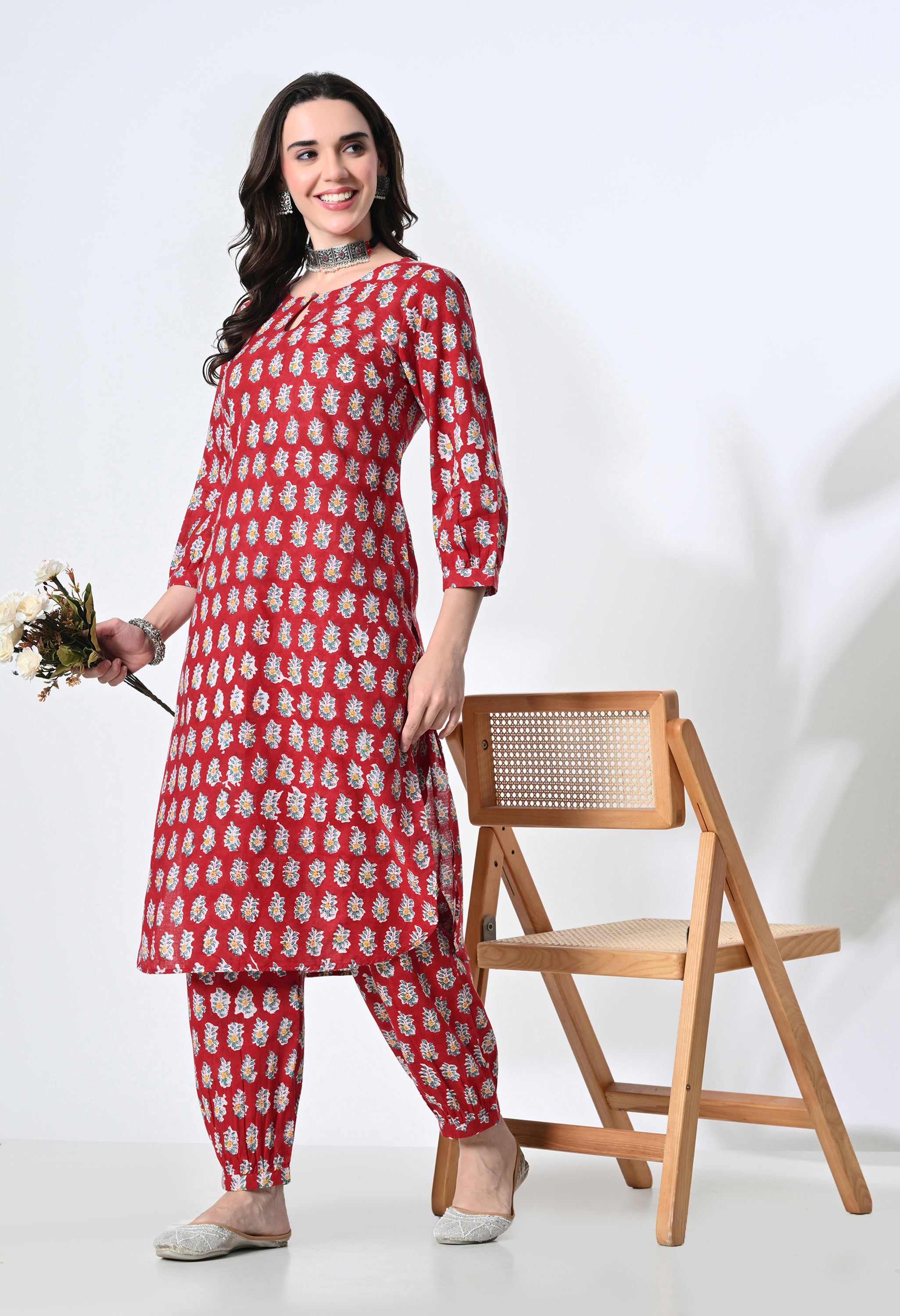 RED HANDBLOK KURTA SET
