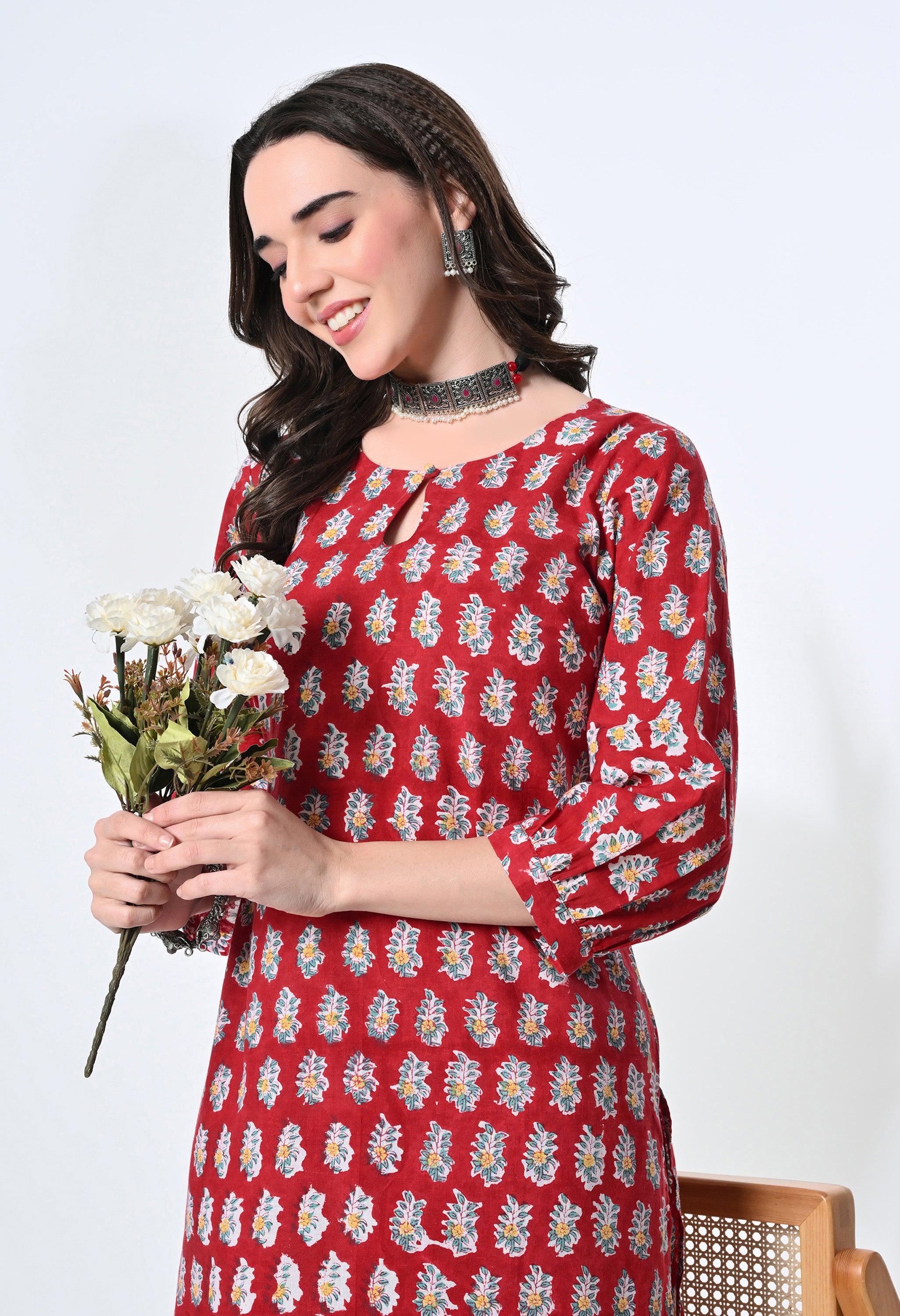 RED HANDBLOK KURTA SET