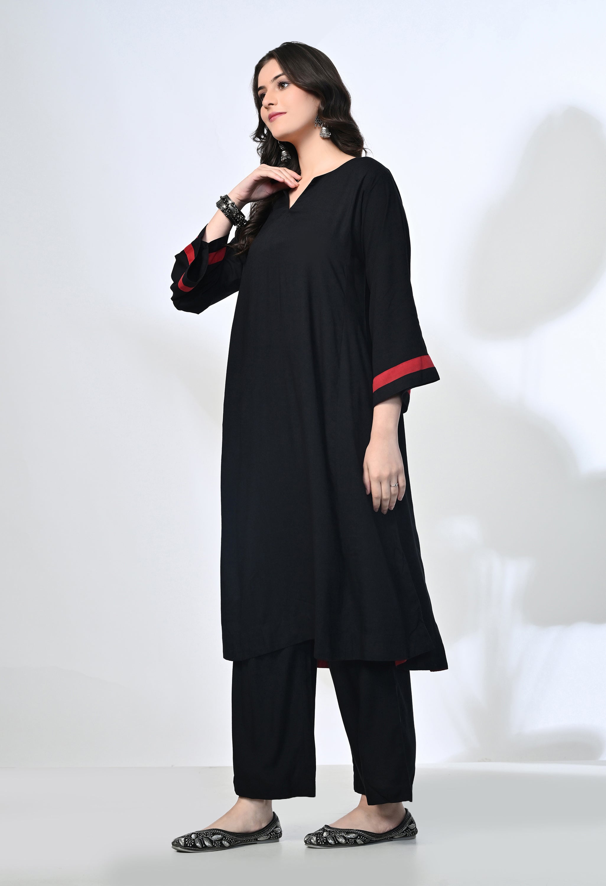 Black Viscose Rayon Flare Kurta Set | 2-Piece Co-ord Set
