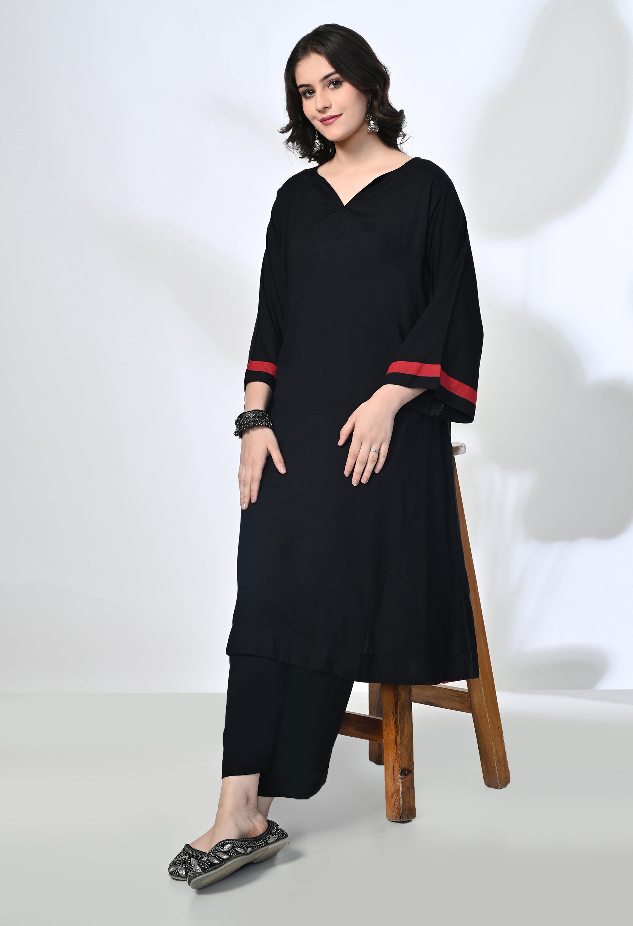 Black Viscose Rayon Flare Kurta Set | 2-Piece Co-ord Set