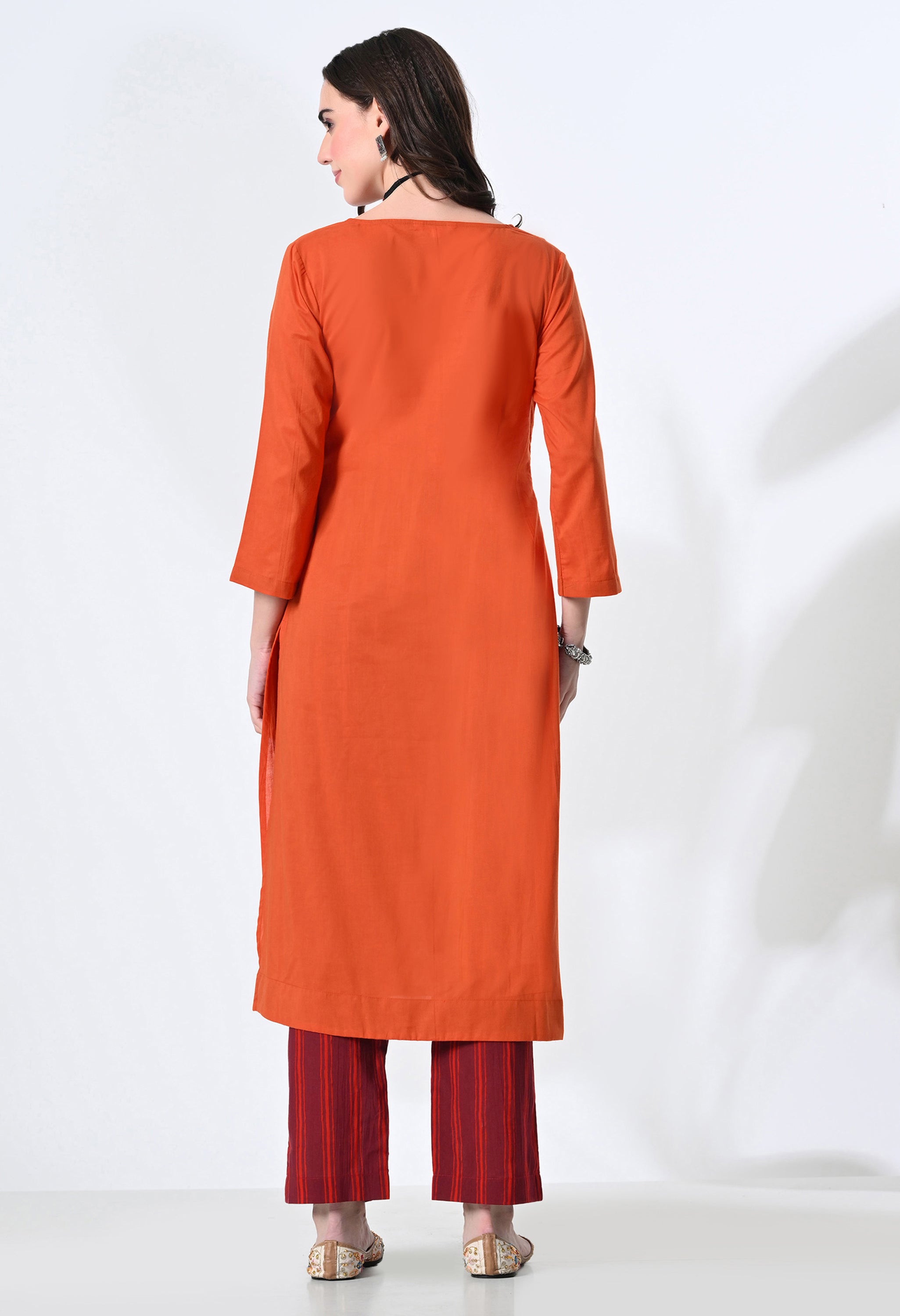 Noori Pure Cotton Orange Kurta Set with Handblock Stripe Pants | 2-Piece Co-ord Set