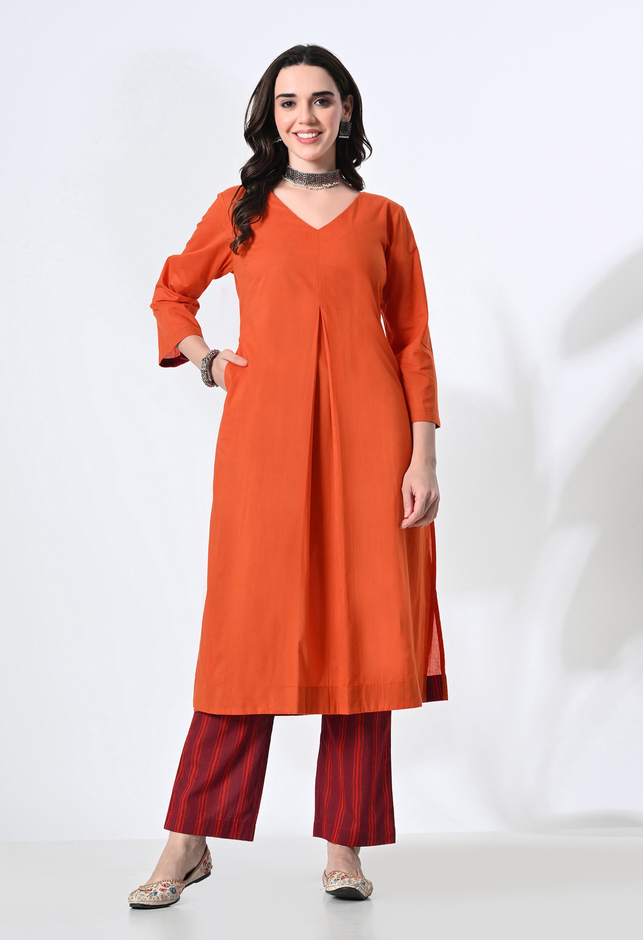 Noori Pure Cotton Orange Kurta Set with Handblock Stripe Pants | 2-Piece Co-ord Set