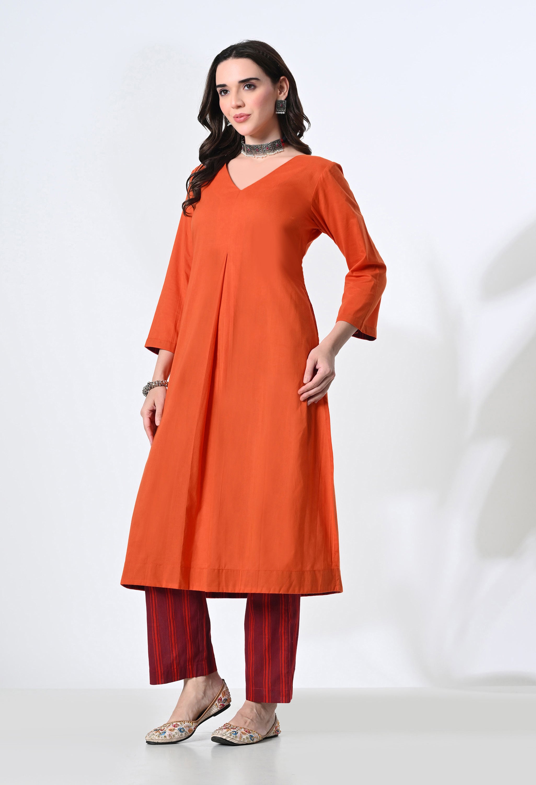 Noori Pure Cotton Orange Kurta Set with Handblock Stripe Pants | 2-Piece Co-ord Set