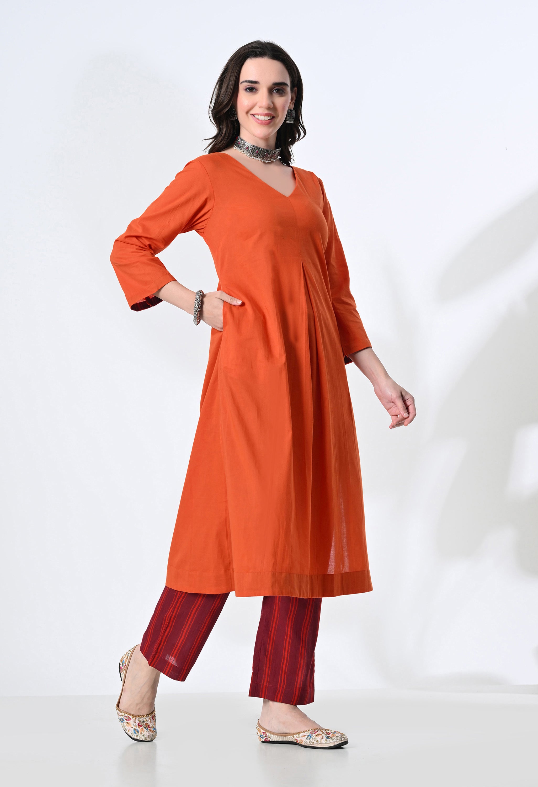 Noori Pure Cotton Orange Kurta Set with Handblock Stripe Pants | 2-Piece Co-ord Set
