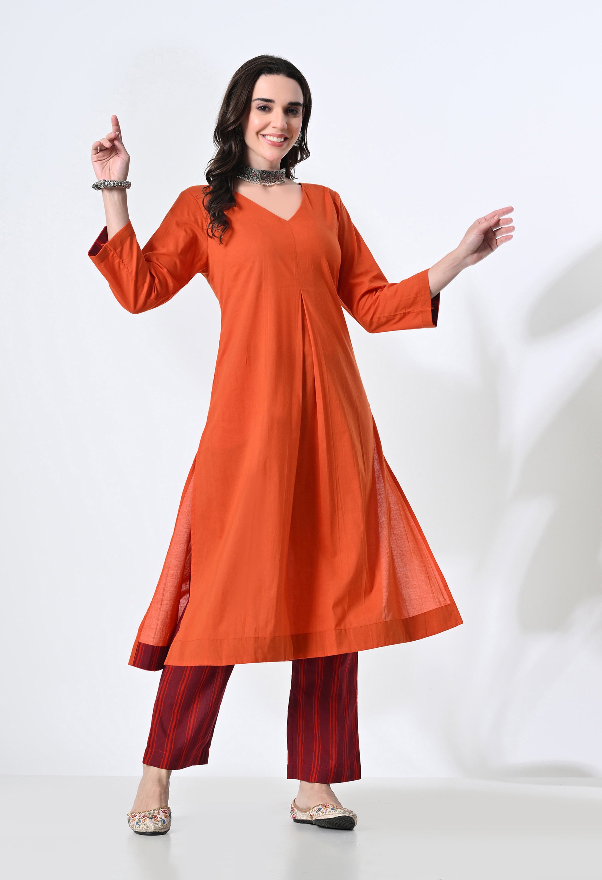 Noori Pure Cotton Orange Kurta Set with Handblock Stripe Pants | 2-Piece Co-ord Set