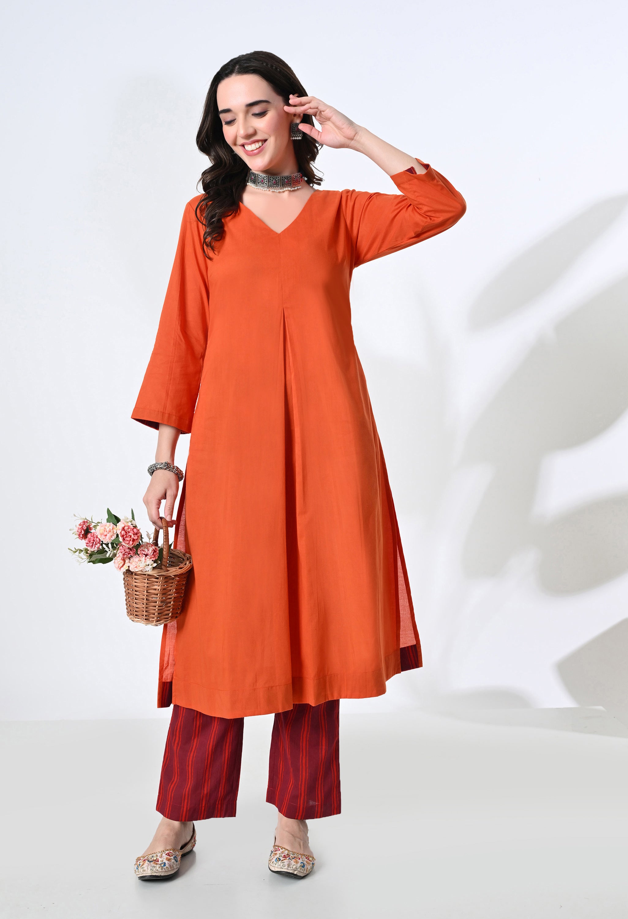 Noori Pure Cotton Orange Kurta Set with Handblock Stripe Pants | 2-Piece Co-ord Set