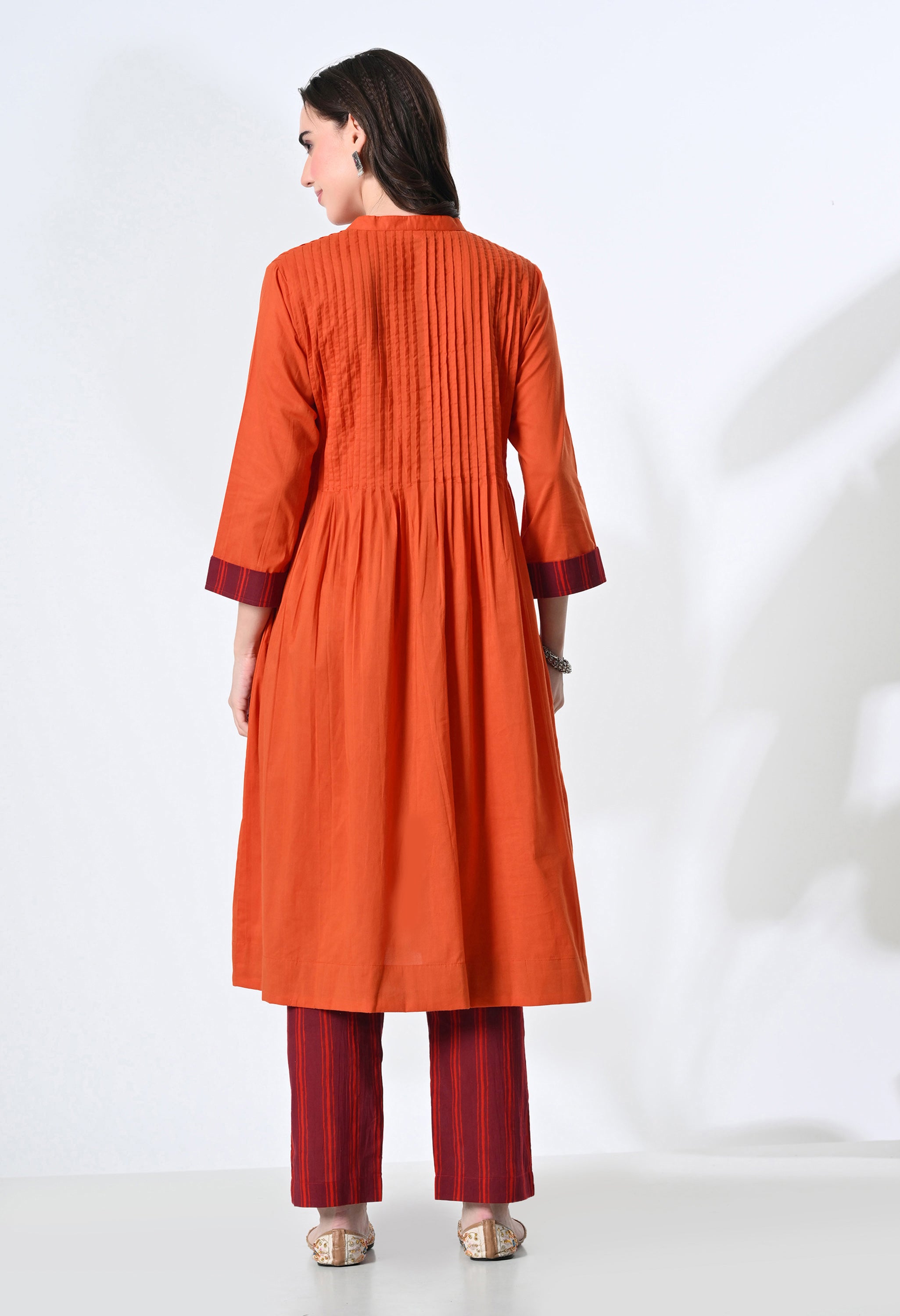 Pintucks Pure Cotton Orange Kurta Set with Handblock Stripe Pants | 2-Piece Co-ord Set