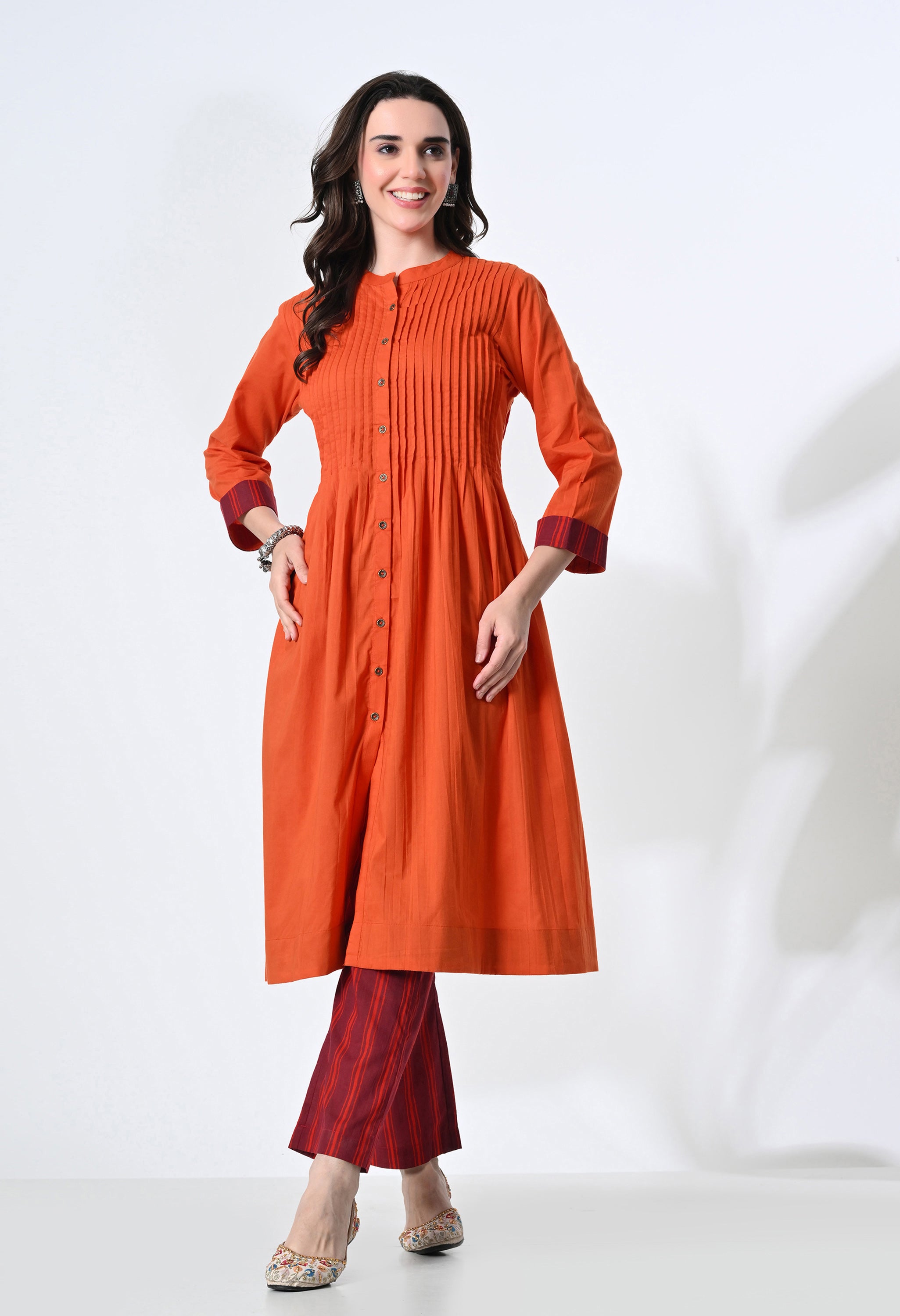 Pintucks Pure Cotton Orange Kurta Set with Handblock Stripe Pants | 2-Piece Co-ord Set