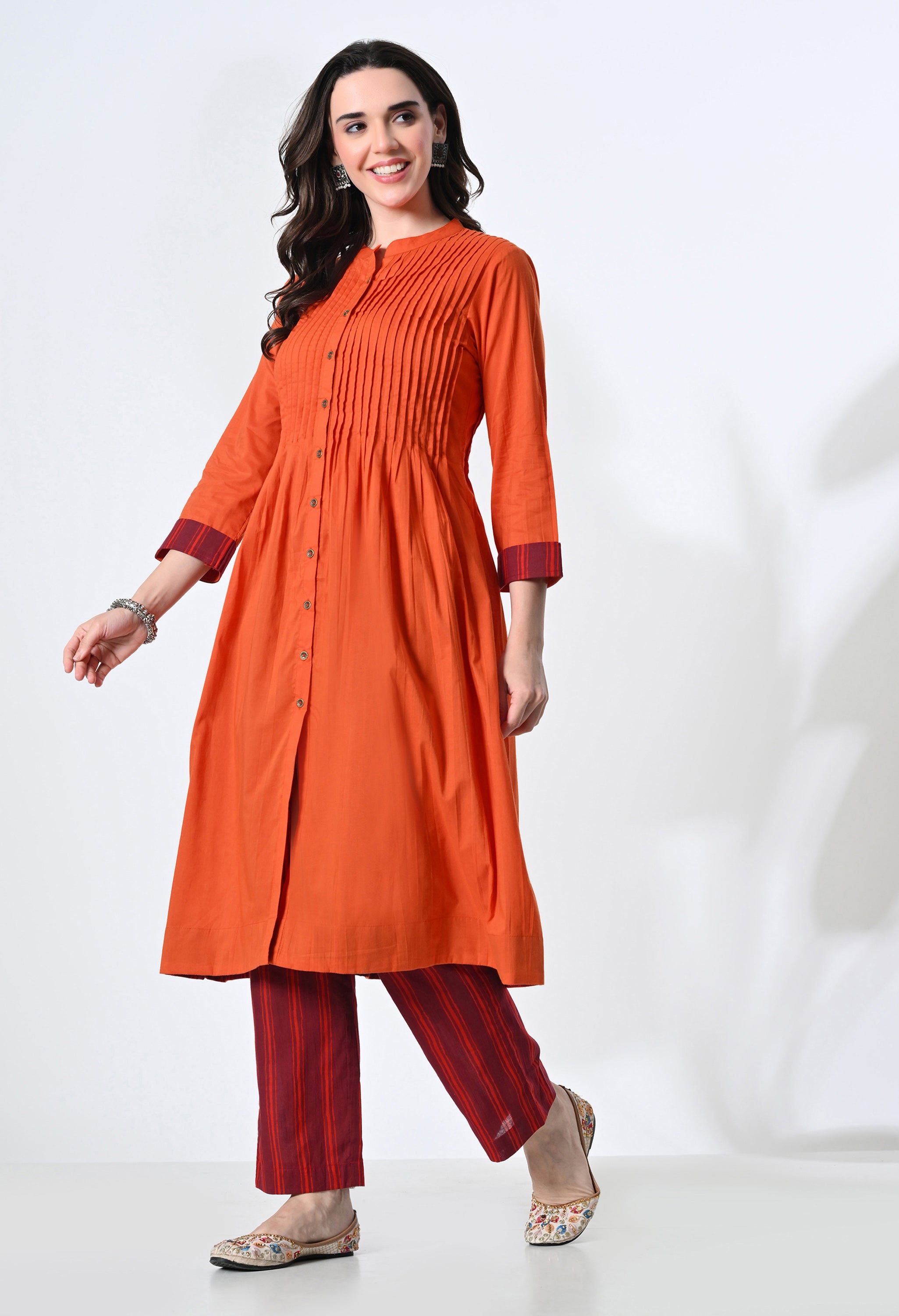 Pintucks Pure Cotton Orange Kurta Set with Handblock Stripe Pants | 2-Piece Co-ord Set