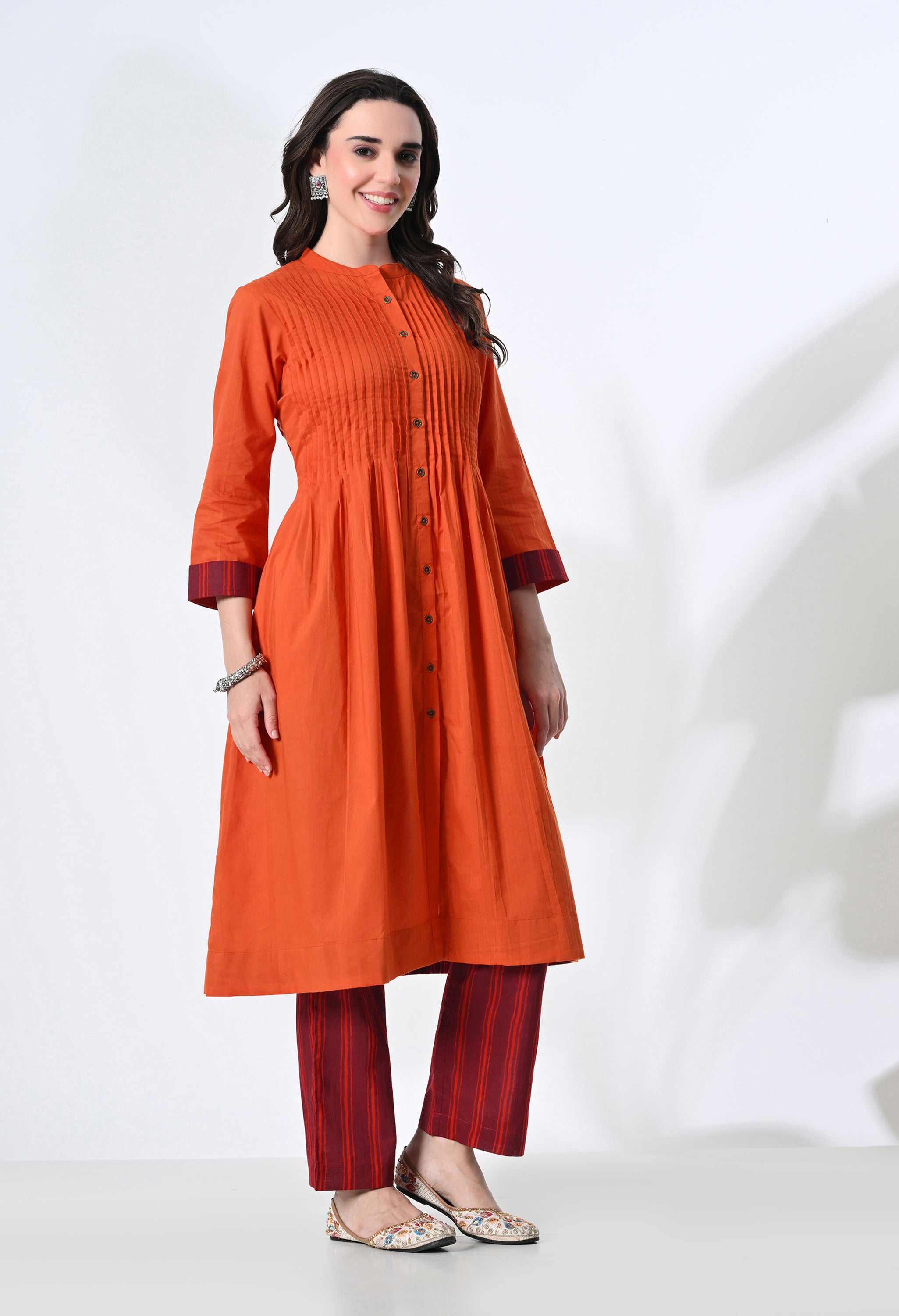 Pintucks Pure Cotton Orange Kurta Set with Handblock Stripe Pants | 2-Piece Co-ord Set