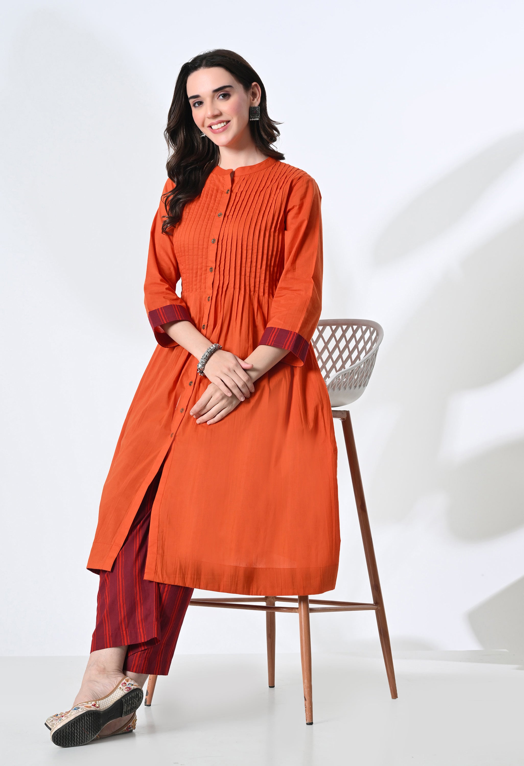Pintucks Pure Cotton Orange Kurta Set with Handblock Stripe Pants | 2-Piece Co-ord Set