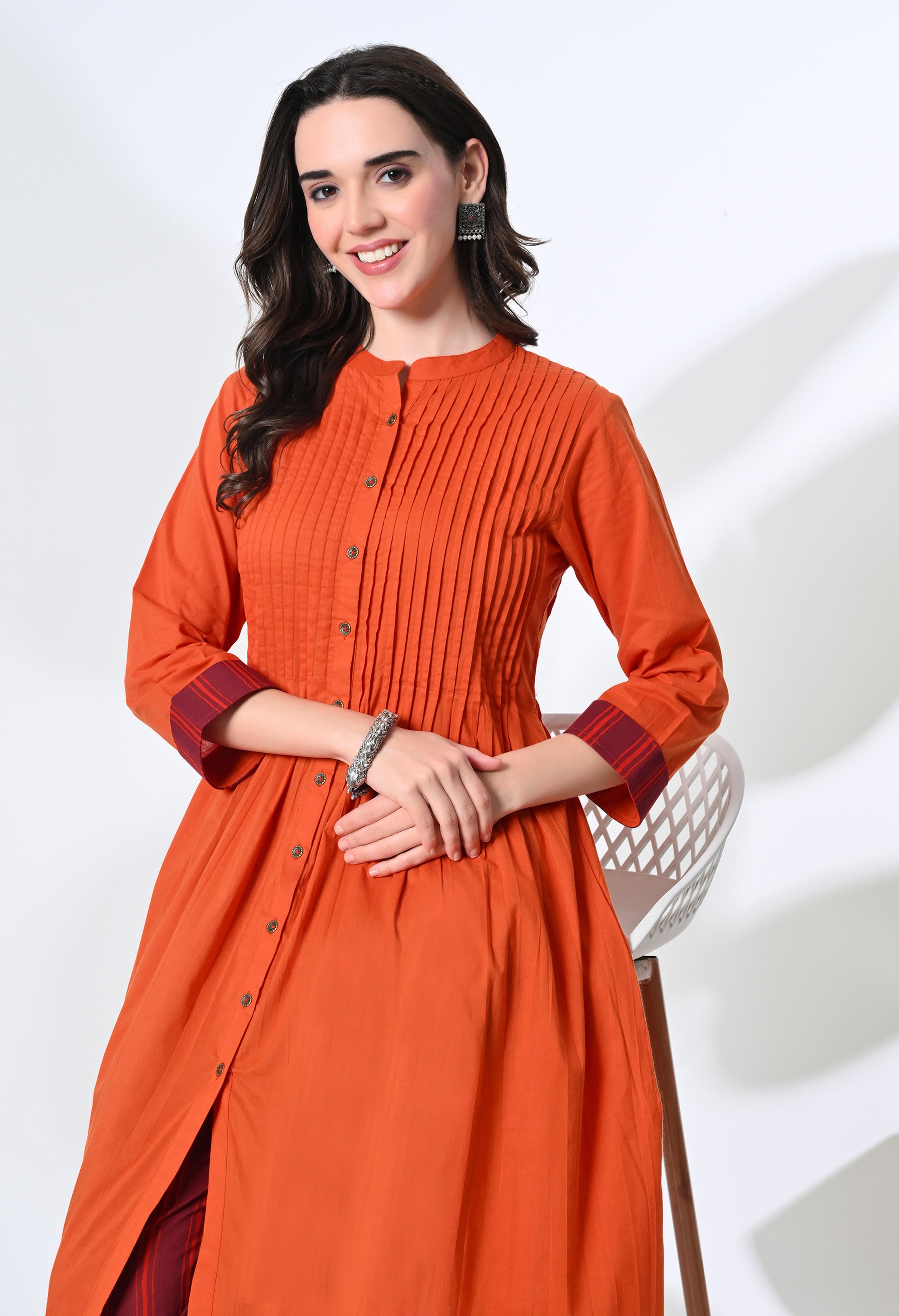 Pintucks Pure Cotton Orange Kurta Set with Handblock Stripe Pants | 2-Piece Co-ord Set