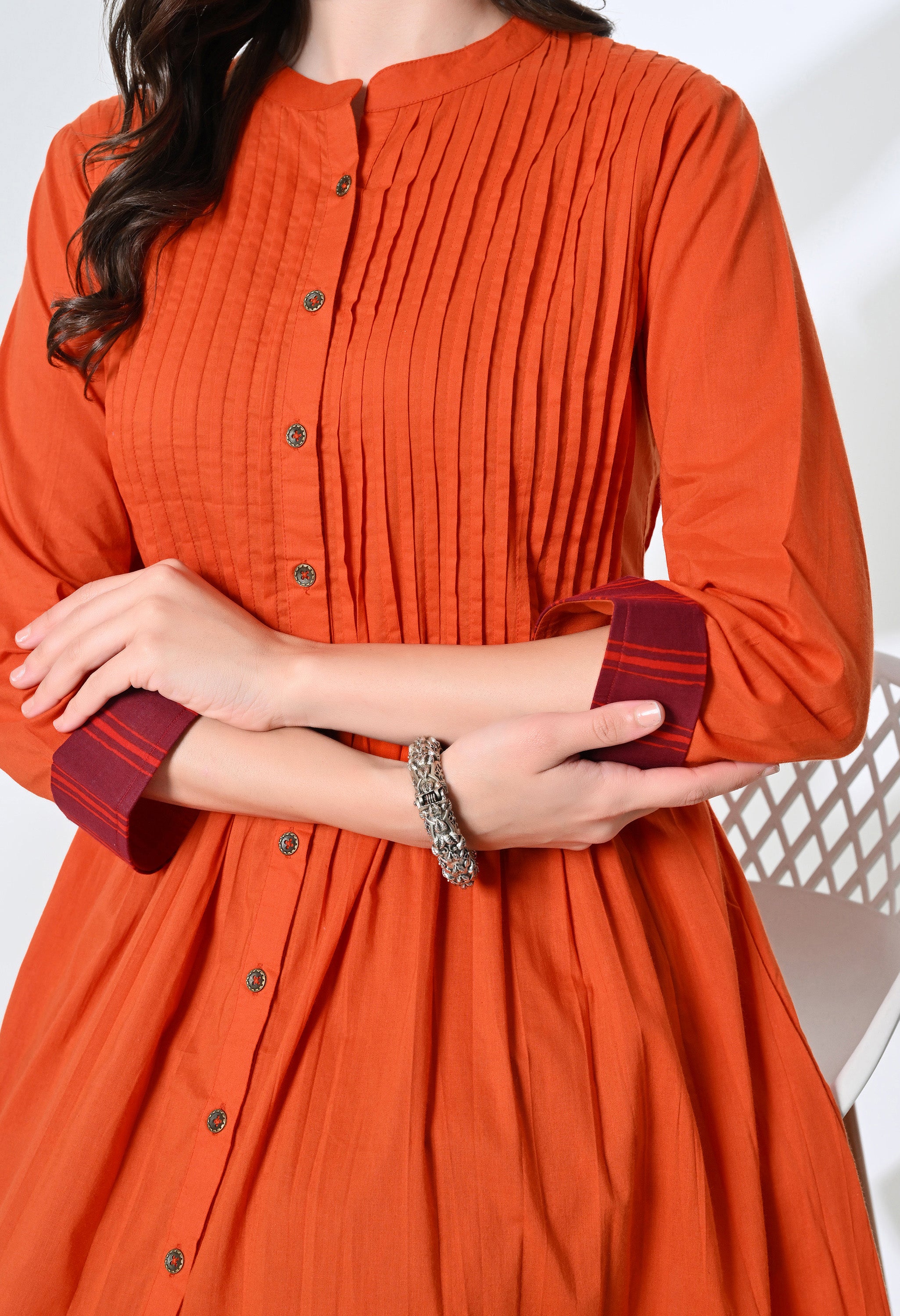 Pintucks Pure Cotton Orange Kurta Set with Handblock Stripe Pants | 2-Piece Co-ord Set