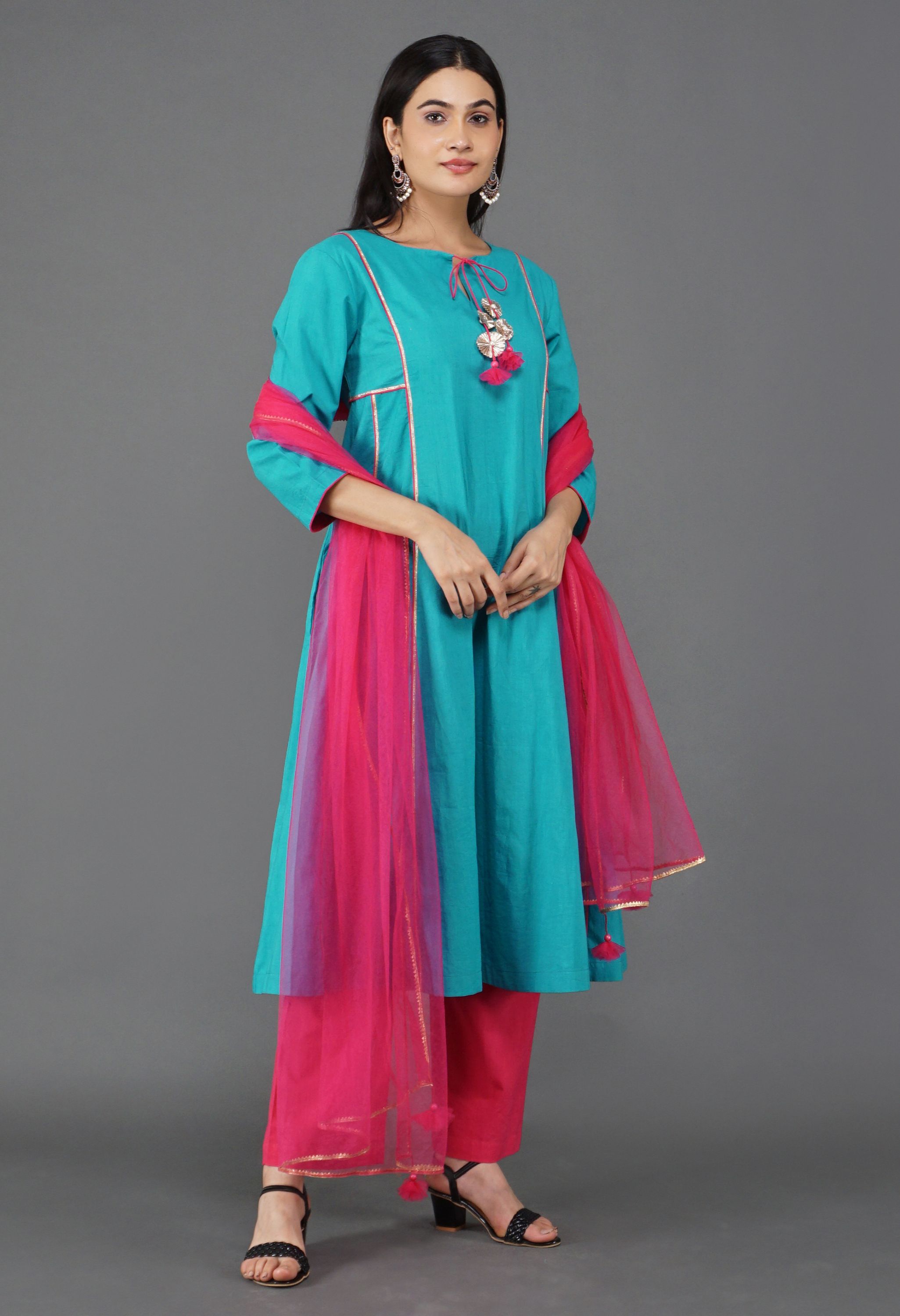 Aqua Blue Cotton Kurta Set | Aqua Blue Kurta Set For Women