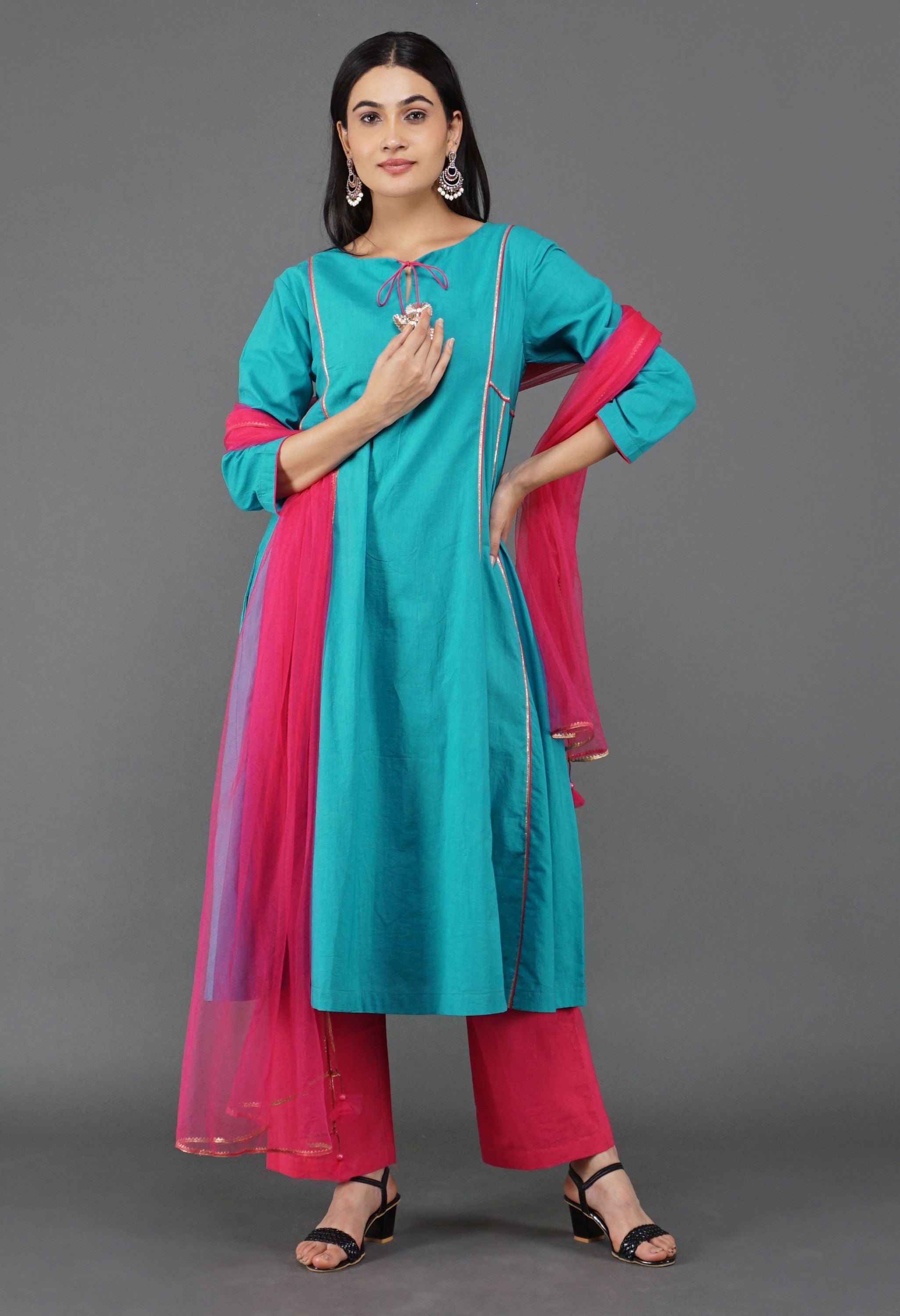 Aqua Blue Cotton Kurta Set | Aqua Blue Kurta Set For Women