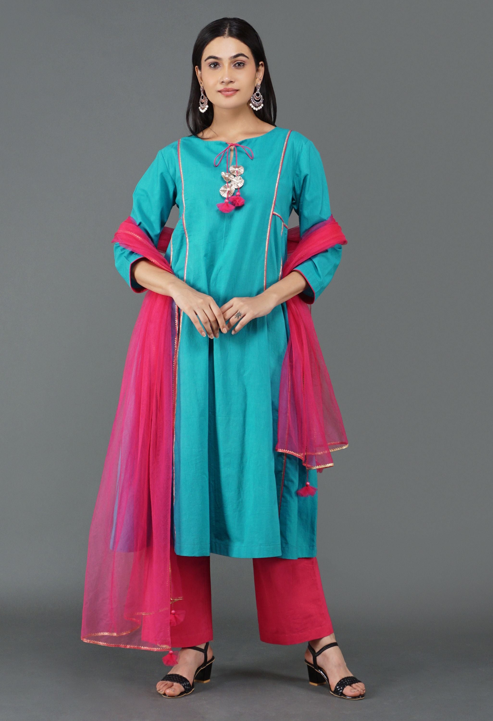 Aqua Blue Cotton Kurta Set | Aqua Blue Kurta Set For Women