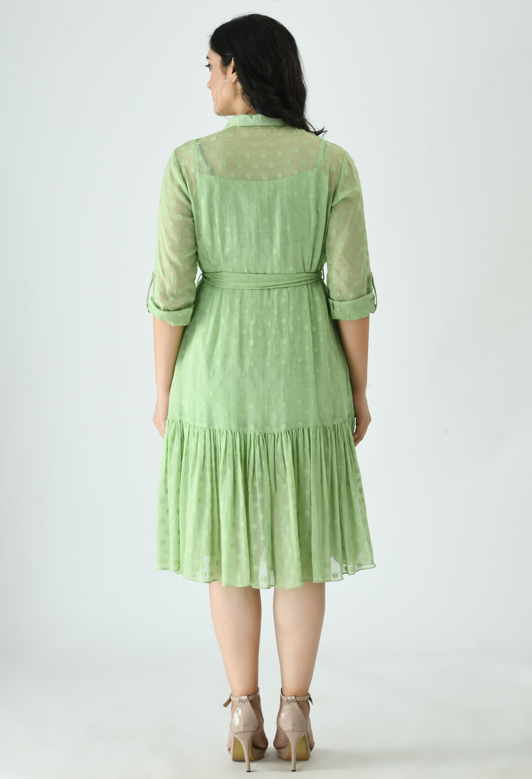 Dorazi Handembroiderd Green Flare Dress | Hand Embroidered Floral Dress