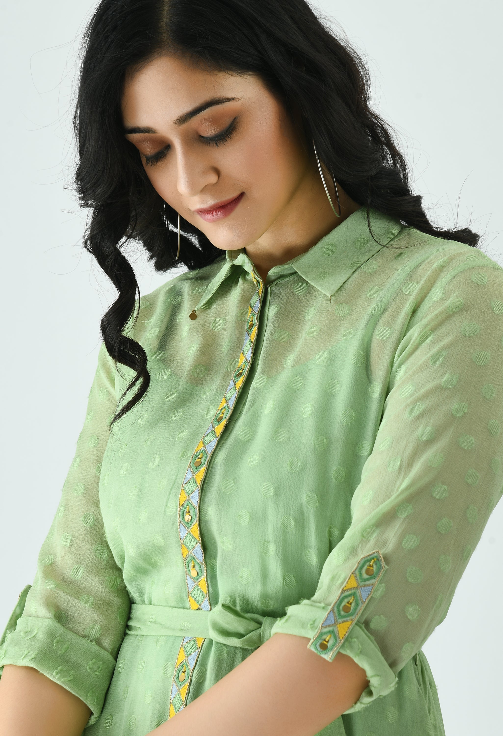 Dorazi Handembroiderd Green Flare Dress | Hand Embroidered Floral Dress