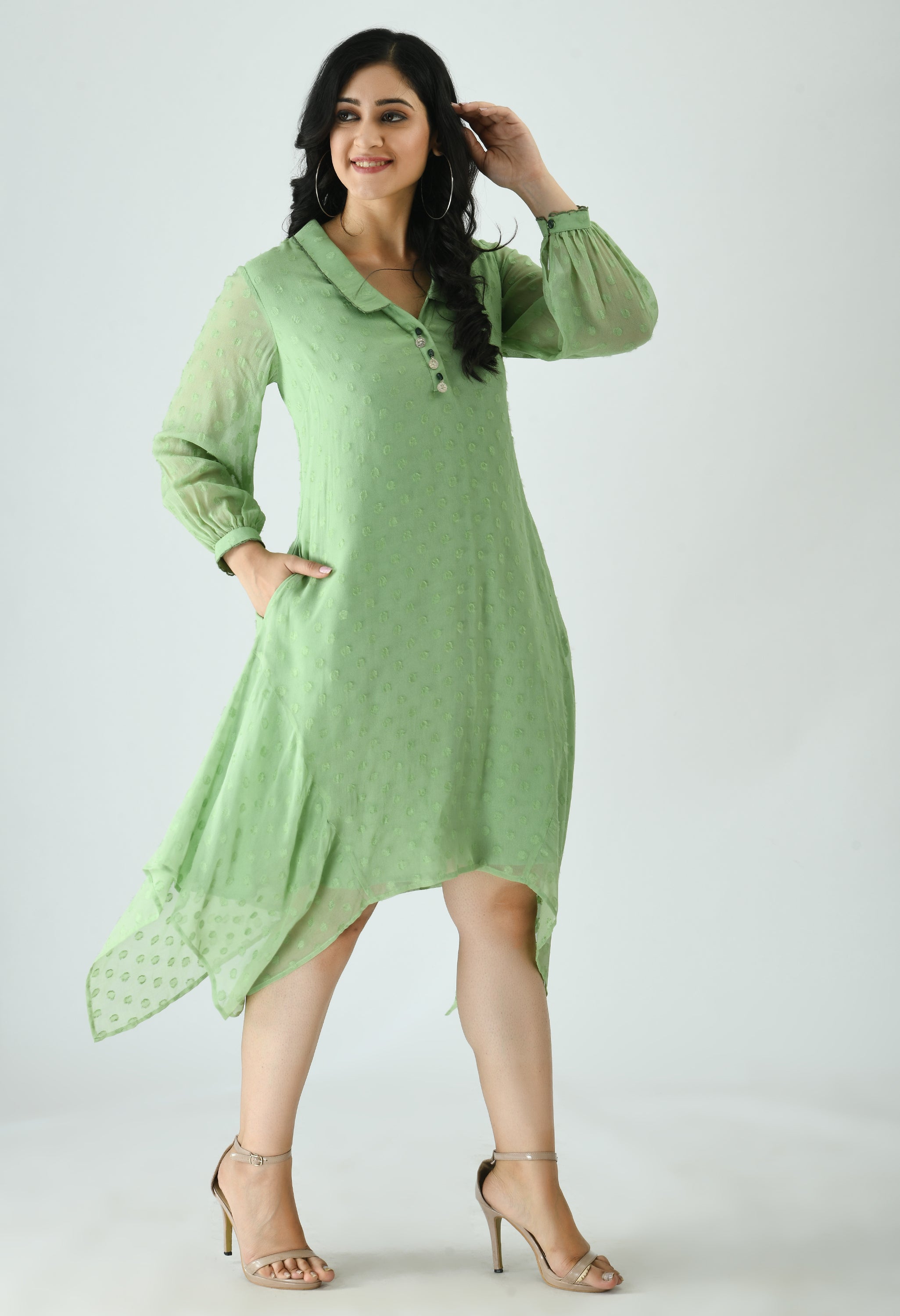 PISTACHIO GREEN ASYMETRICAL HAND DETAILED DRESS