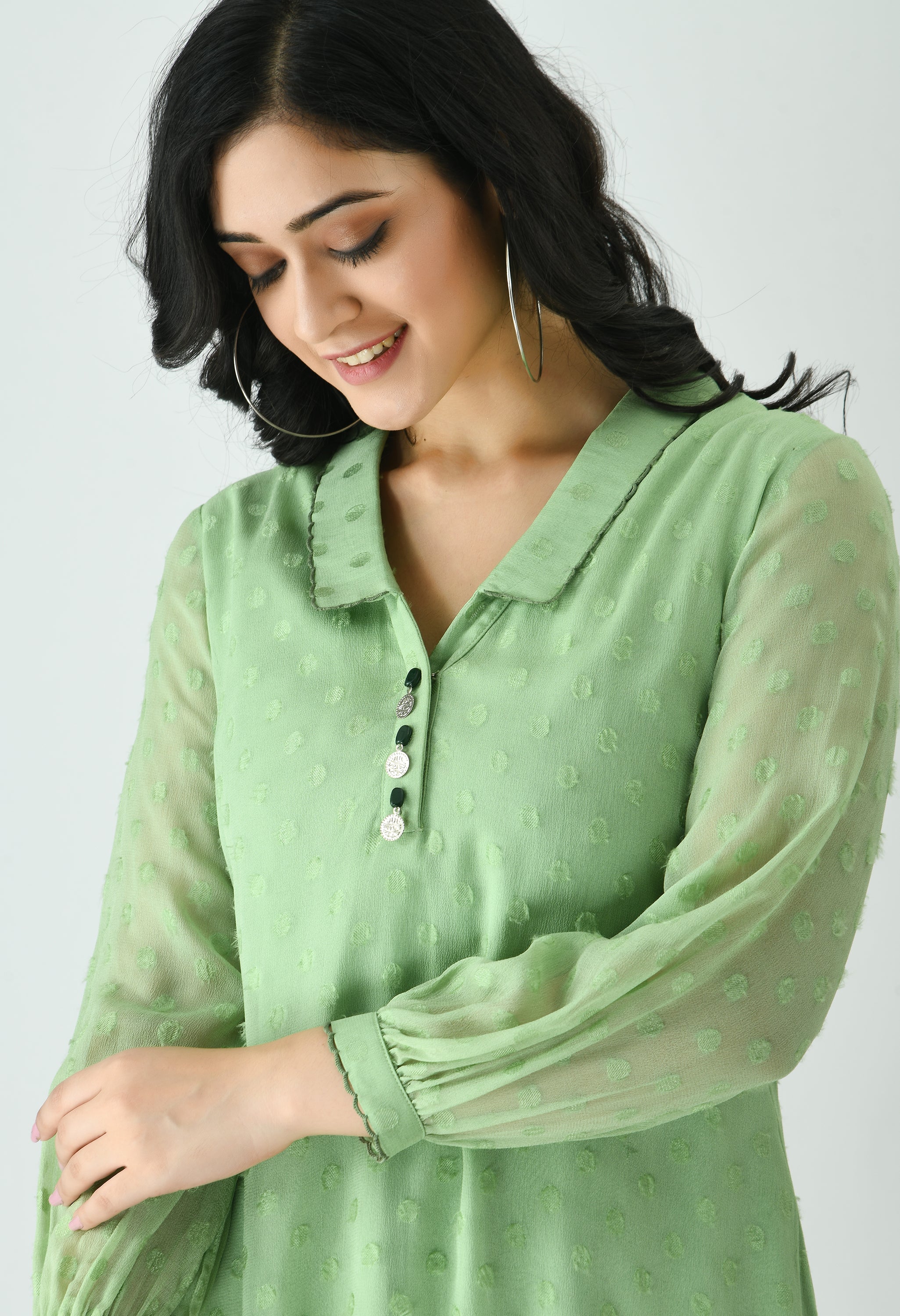 PISTACHIO GREEN ASYMETRICAL HAND DETAILED DRESS