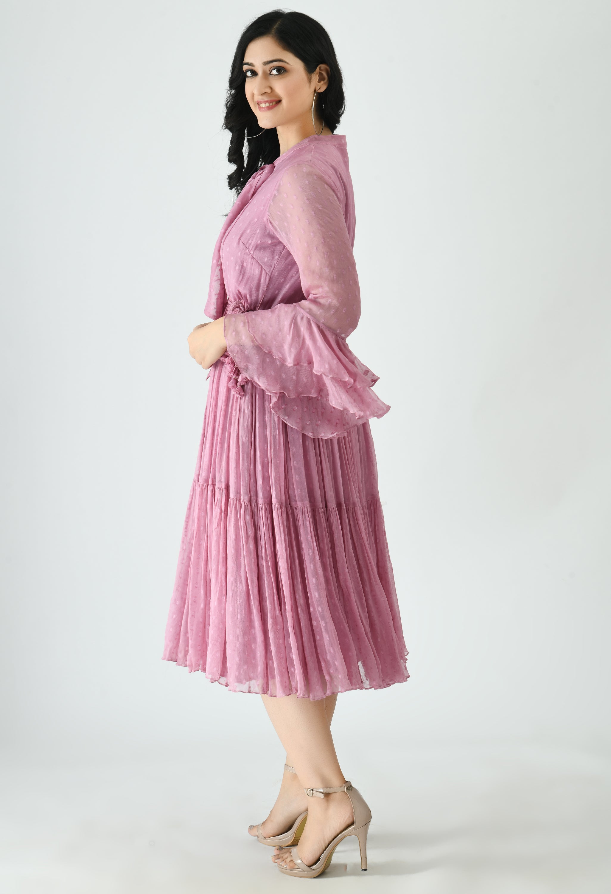 Chiffon Mauve Pink Flared Dress | Antheaa Women Pink Floral Chiffon