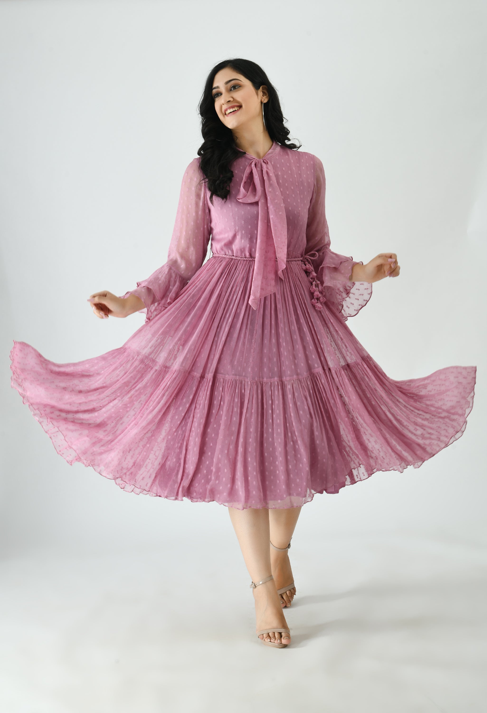 Chiffon Mauve Pink Flared Dress | Antheaa Women Pink Floral Chiffon
