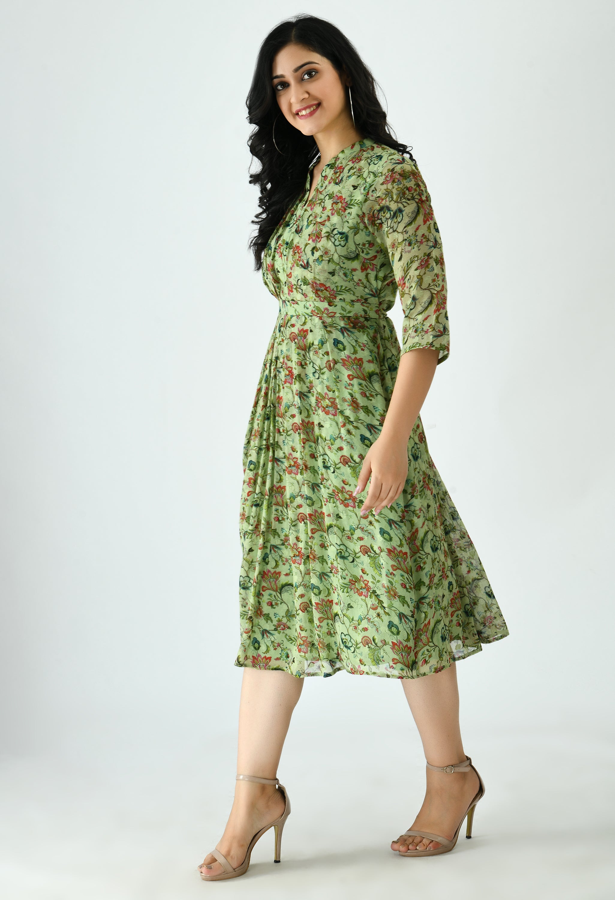 Green Pleated Flare Dress | Pleated Fit And Flare Dress for Women