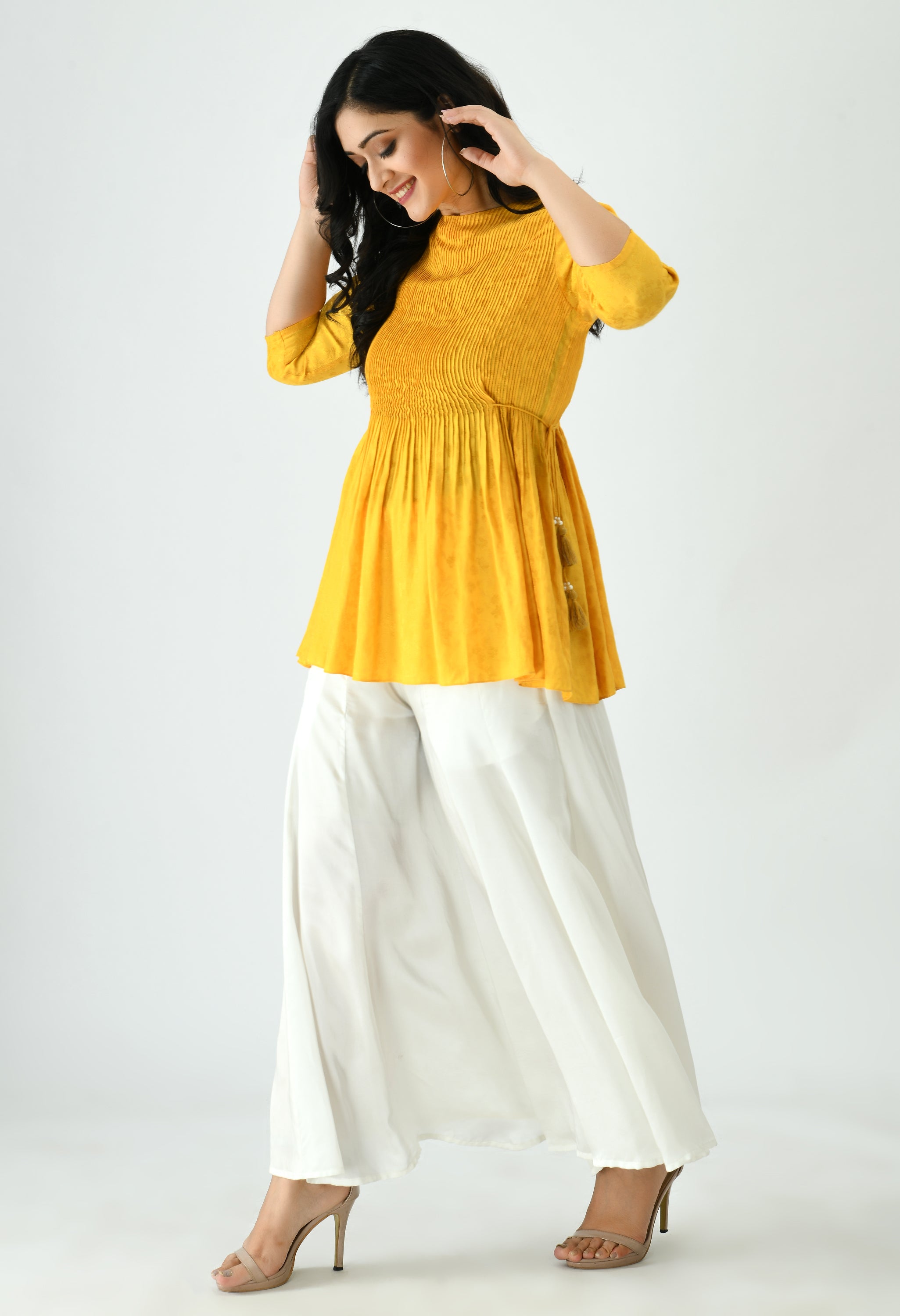 PINTUKS SOLID FLARED TUNIC TOP