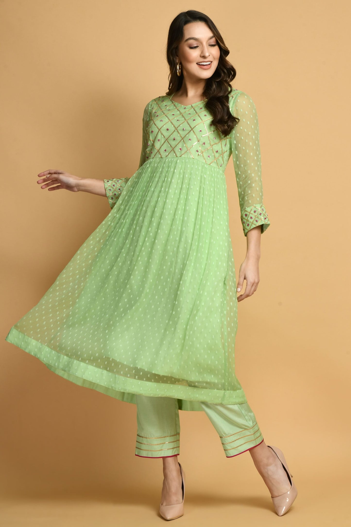 Green Kashida Kurta Set | Women Green Kurta Sets online