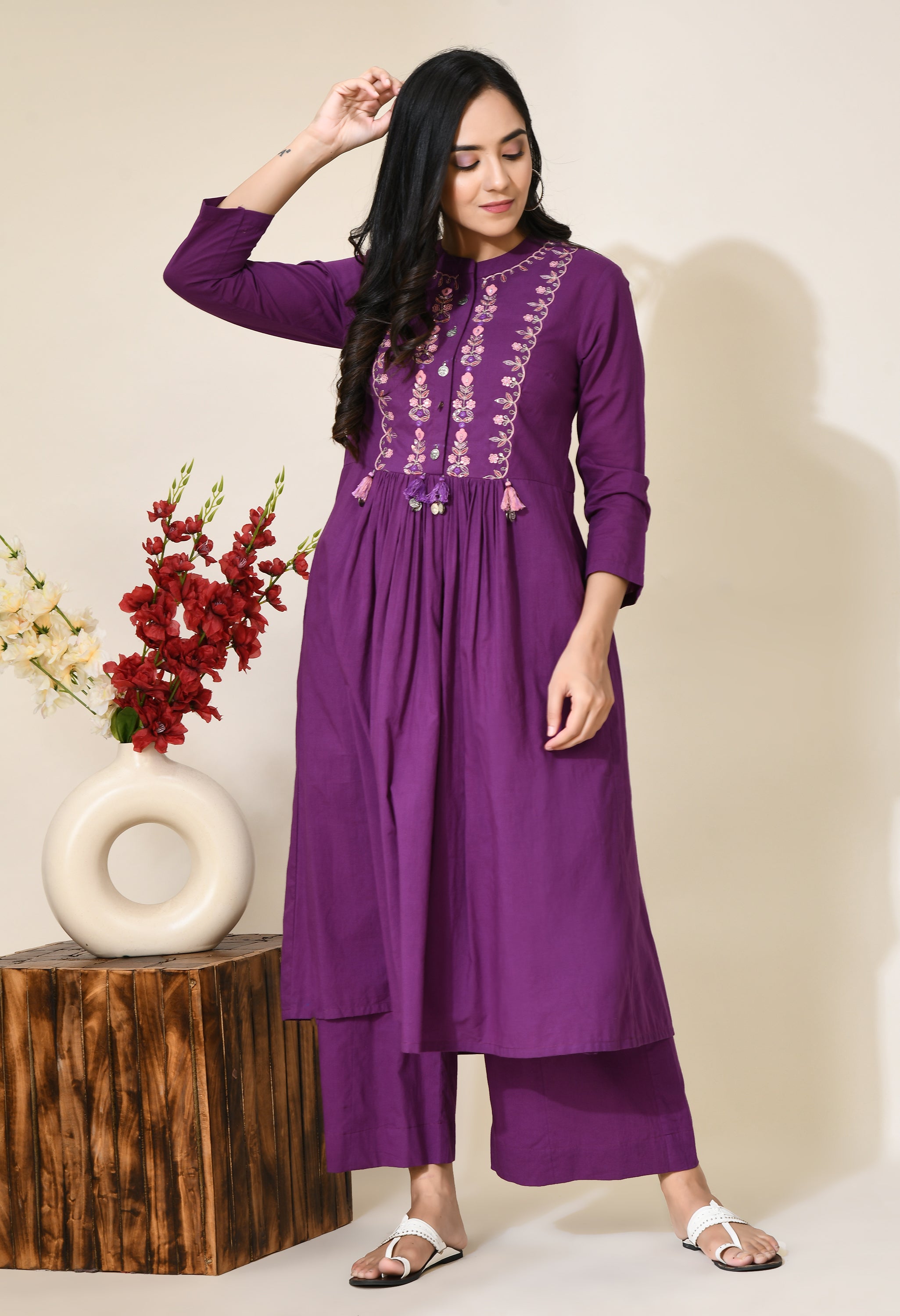 Plum Purple Hand embroidery Cotton Kurta Set | Hand Embroidered Kurta Set For Women