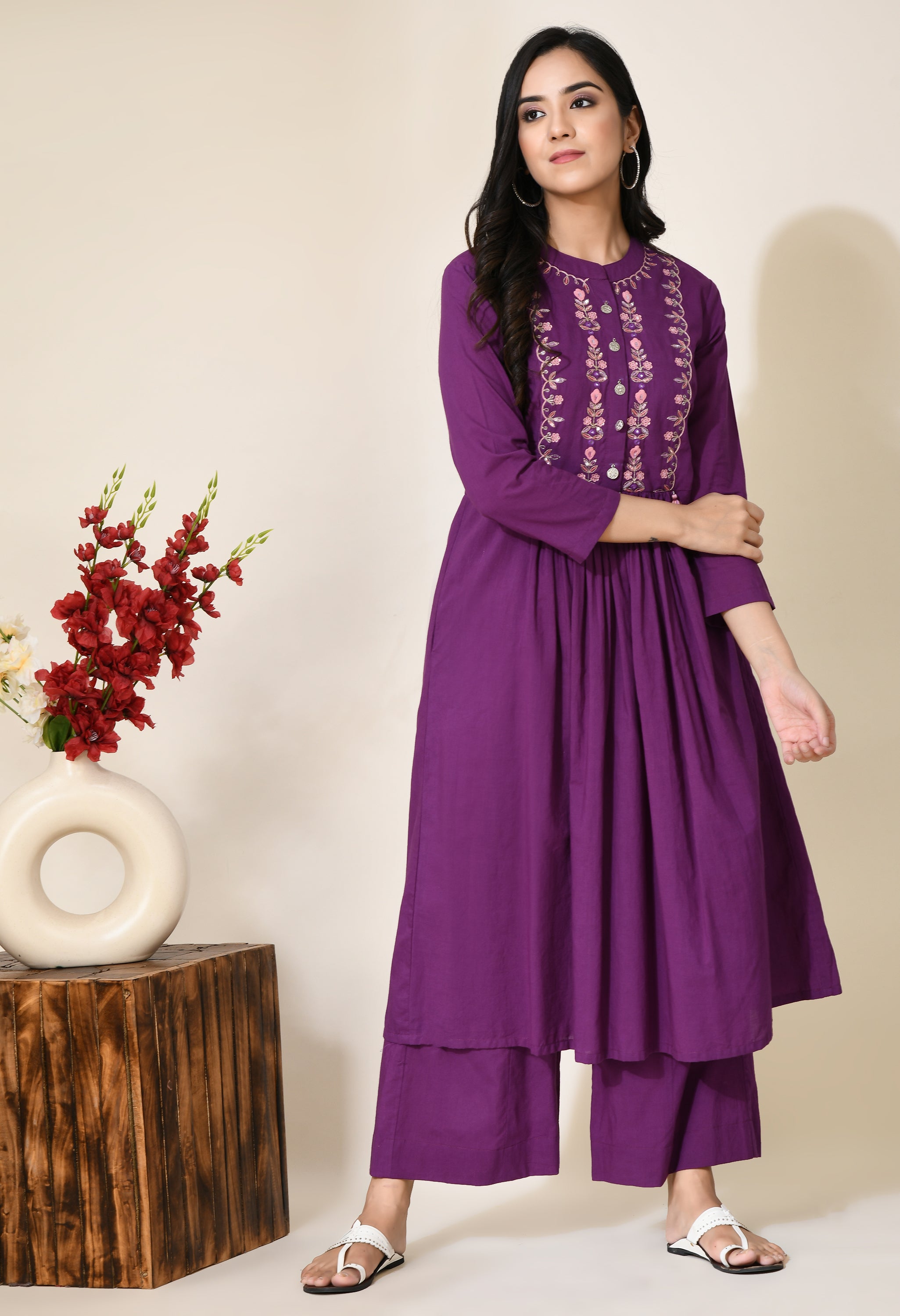 Plum Purple Hand embroidery Cotton Kurta Set | Hand Embroidered Kurta Set For Women