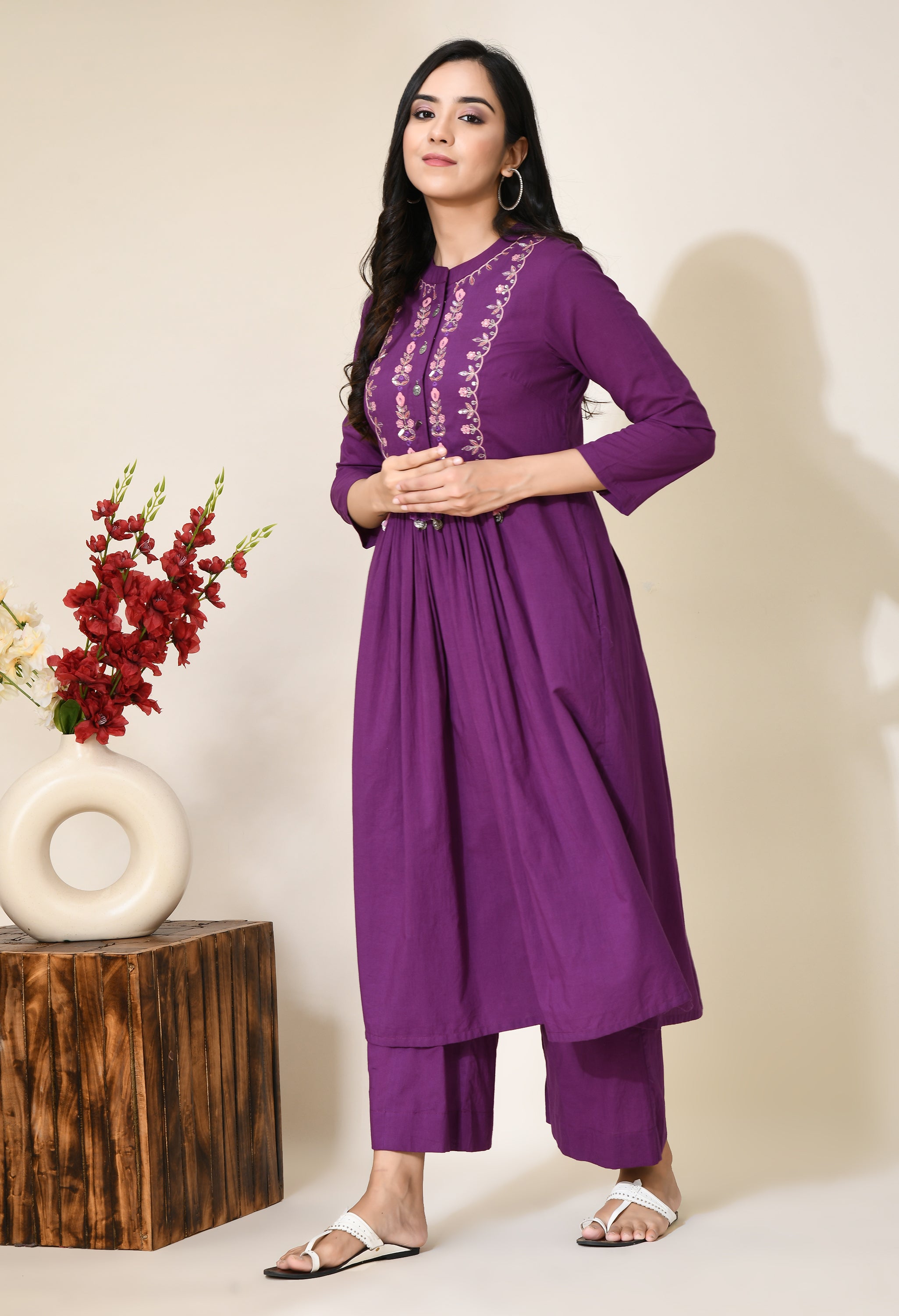 Plum Purple Hand embroidery Cotton Kurta Set | Hand Embroidered Kurta Set For Women