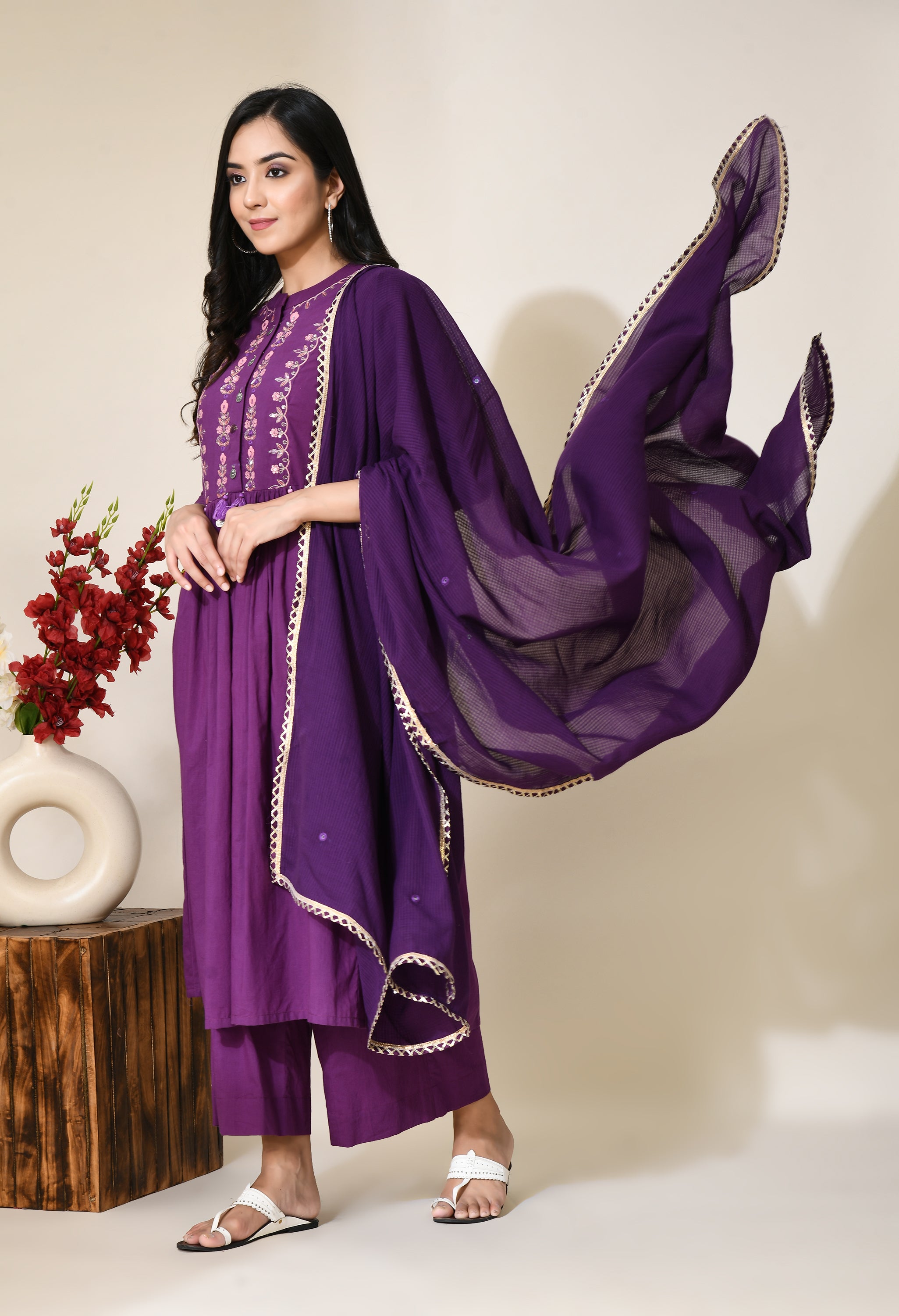 Plum Purple Hand embroidery Cotton Kurta Set | Hand Embroidered Kurta Set For Women