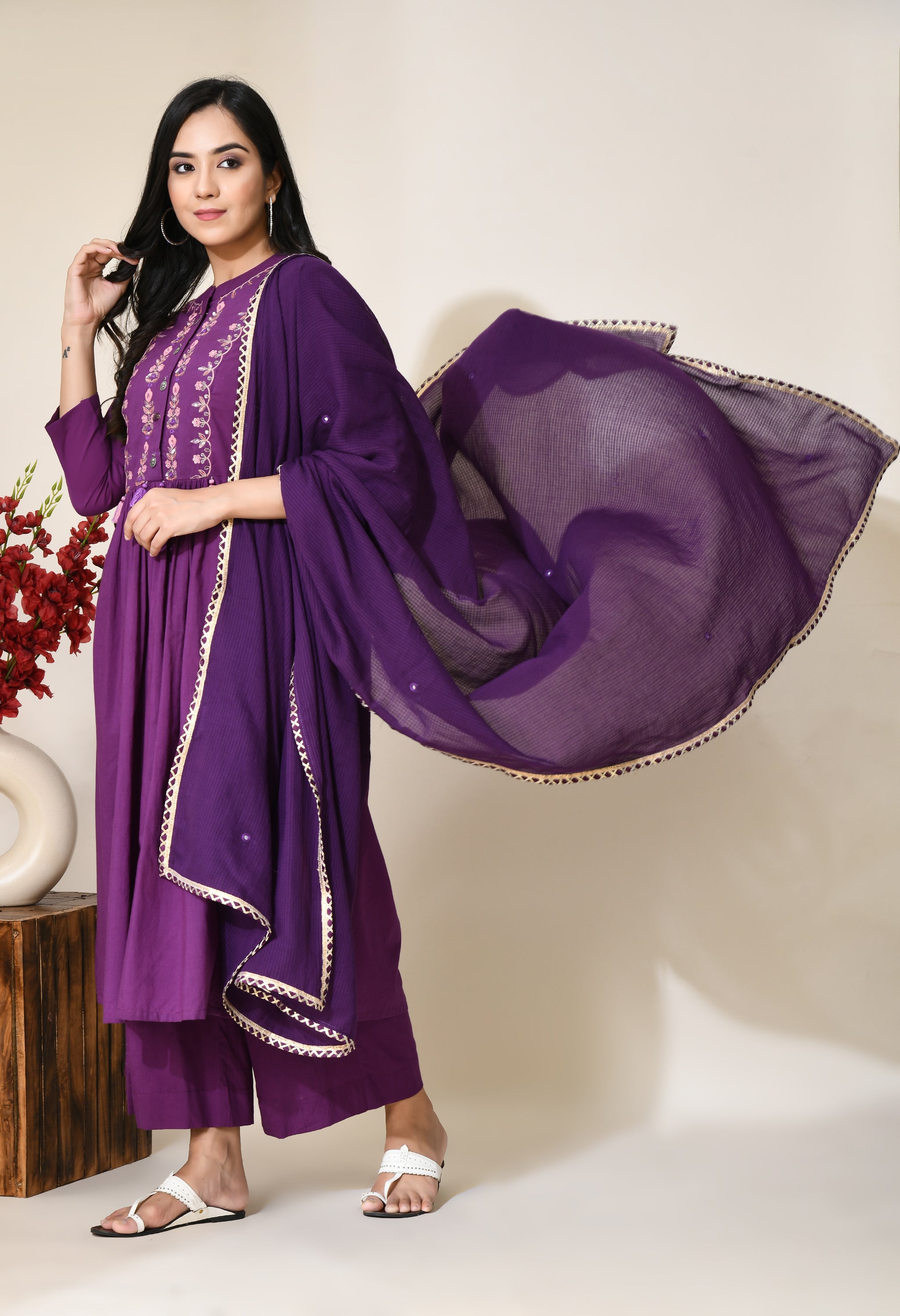 Plum Purple Hand embroidery Cotton Kurta Set | Hand Embroidered Kurta Set For Women