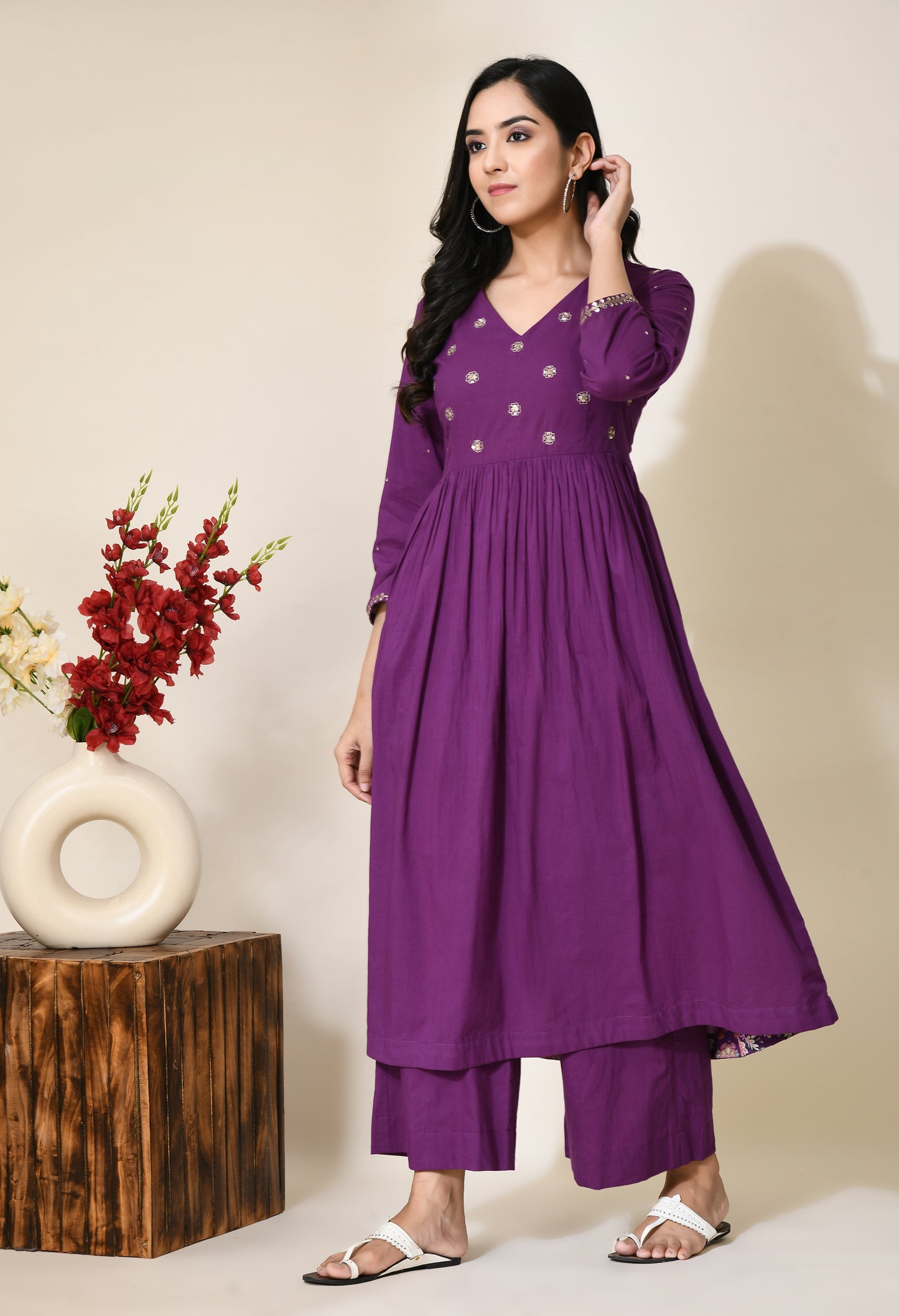 Rasberry Zari Work Cotton Kurta Set | Zari Kurtas Sets Online