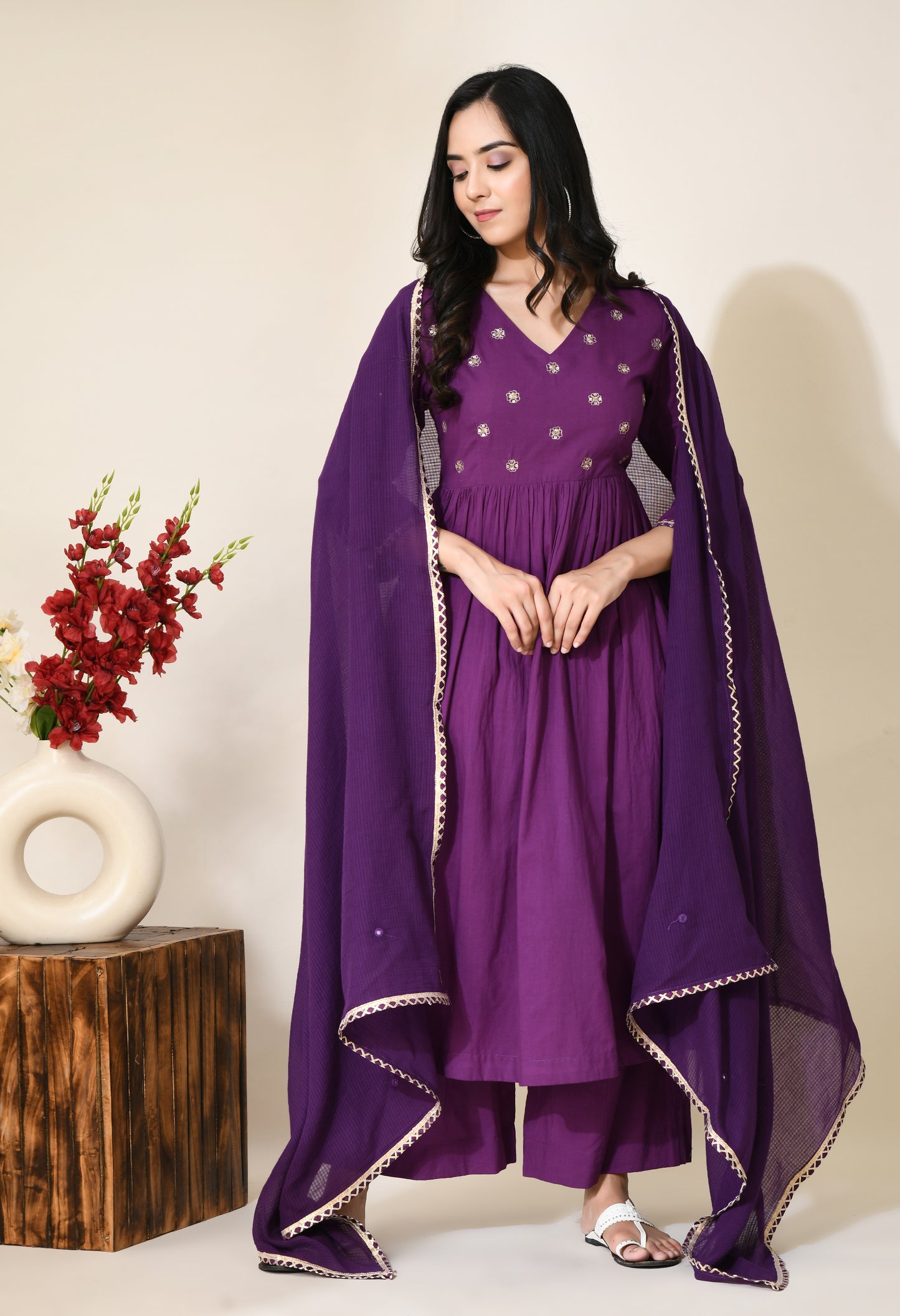 Rasberry Zari Work Cotton Kurta Set | Zari Kurtas Sets Online