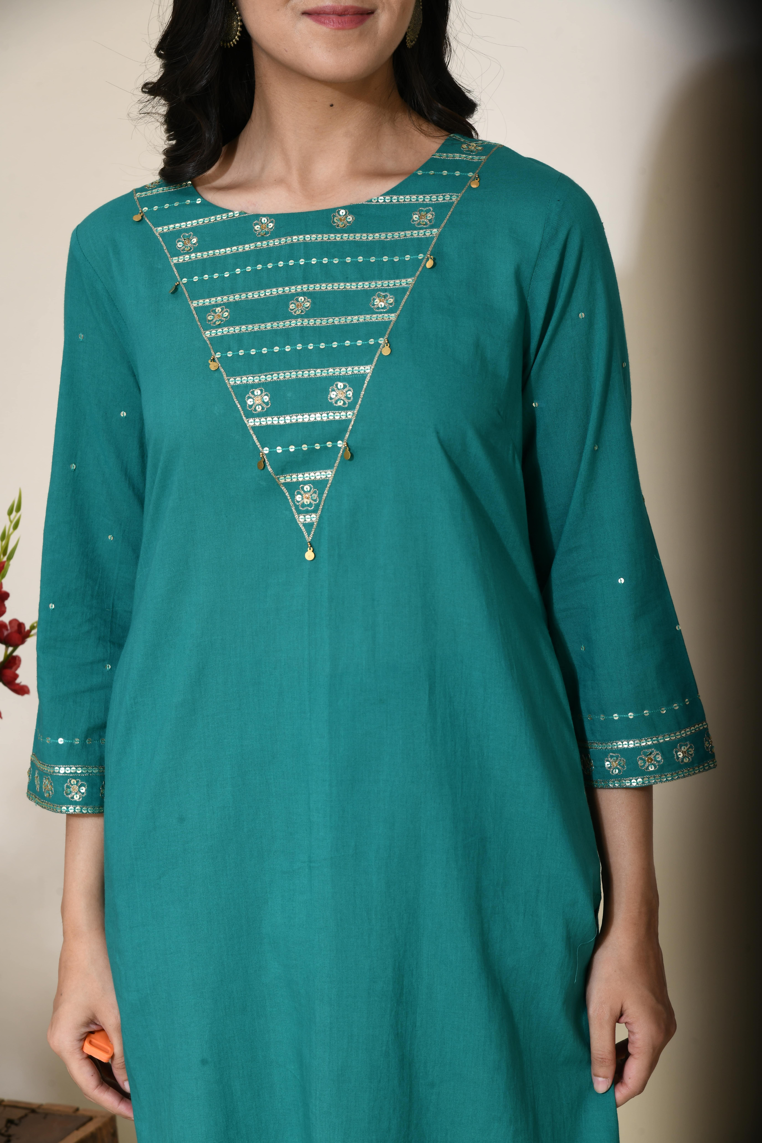 Forest Green Aari Zari Work Pure Cotton Kurta | Green Cotton Kurta for Women