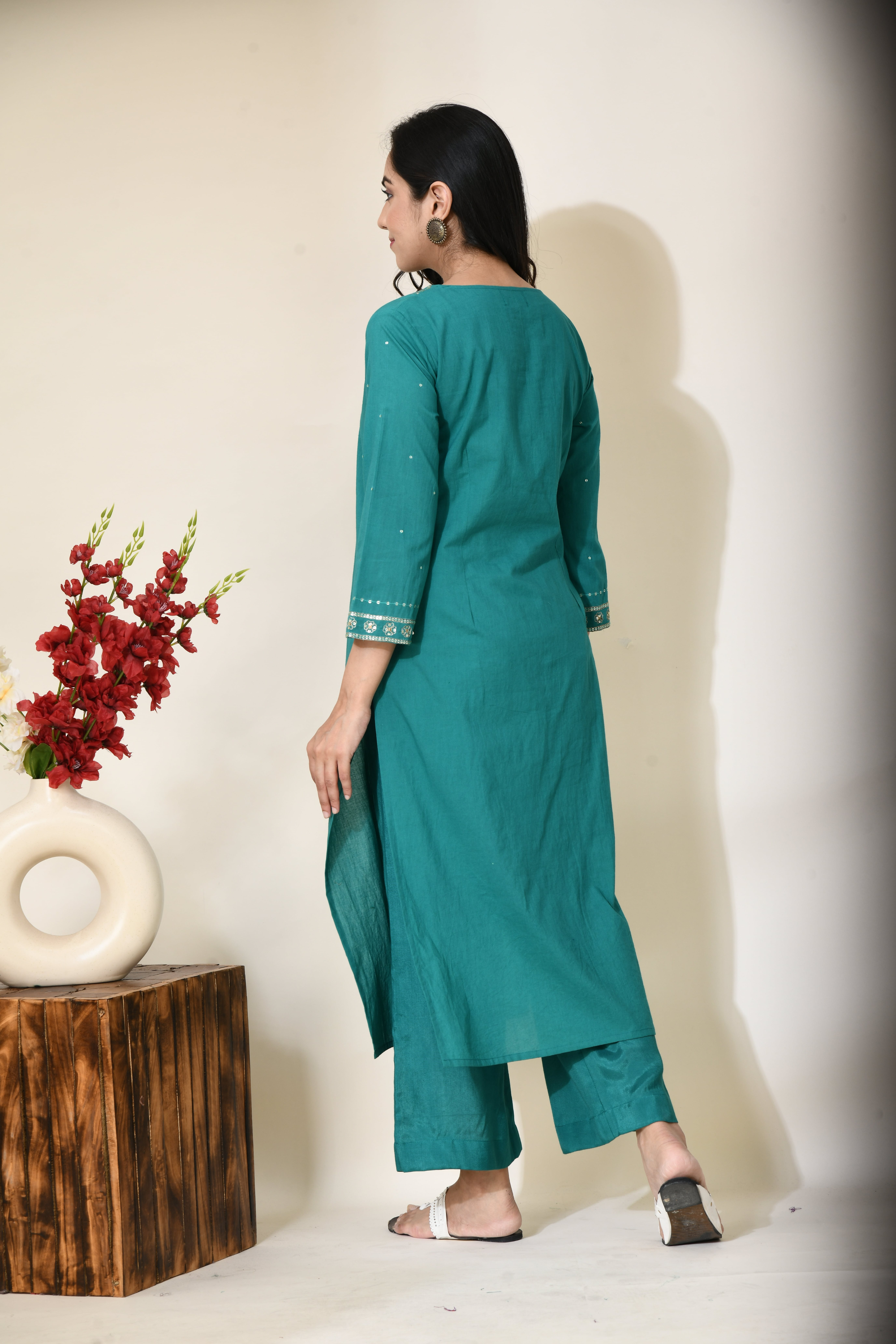 Forest Green Aari Zari Work Pure Cotton Kurta | Green Cotton Kurta for Women