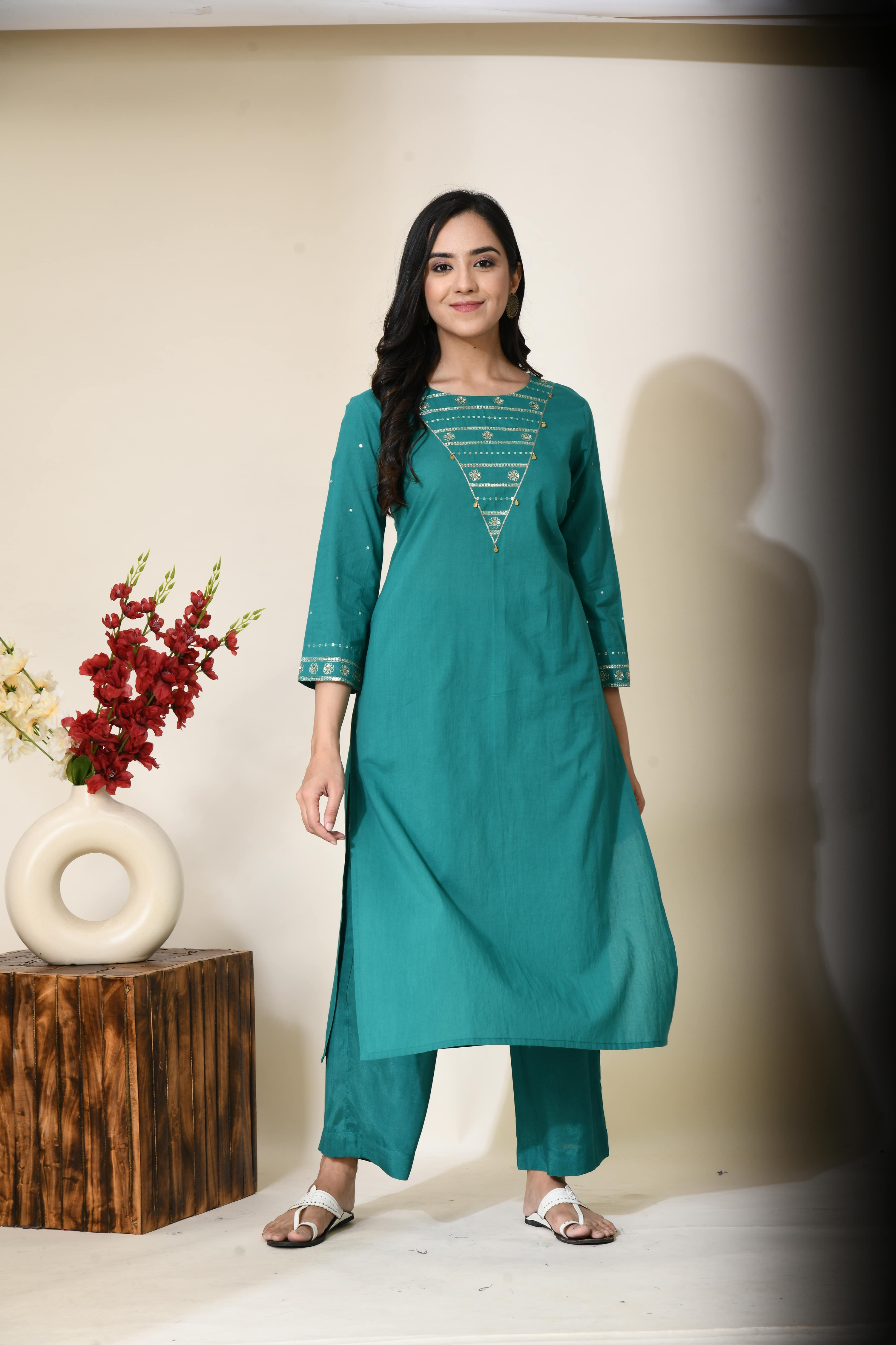 Forest Green Aari Zari Work Pure Cotton Kurta | Green Cotton Kurta for Women