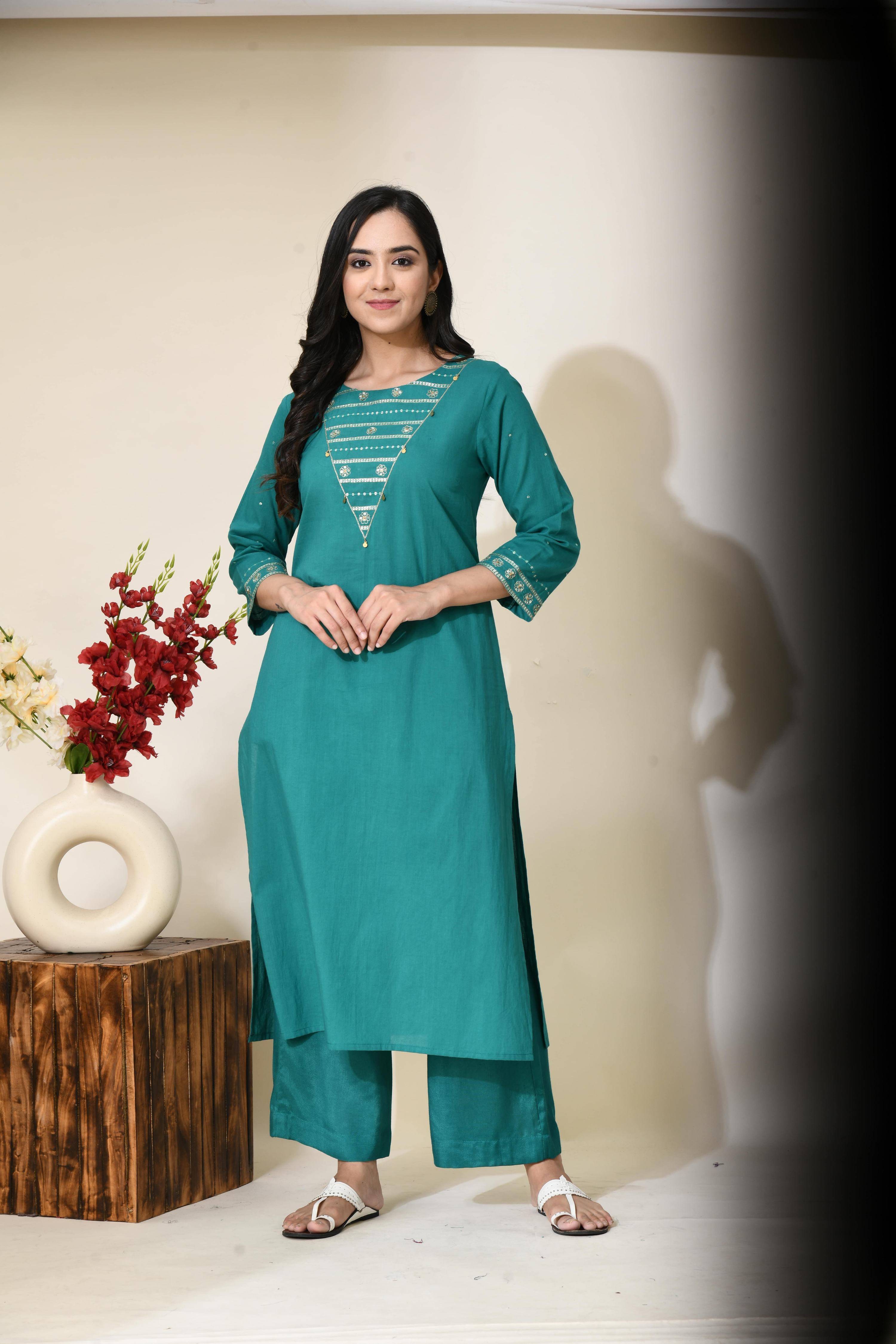 Forest Green Aari Zari Work Pure Cotton Kurta | Green Cotton Kurta for Women