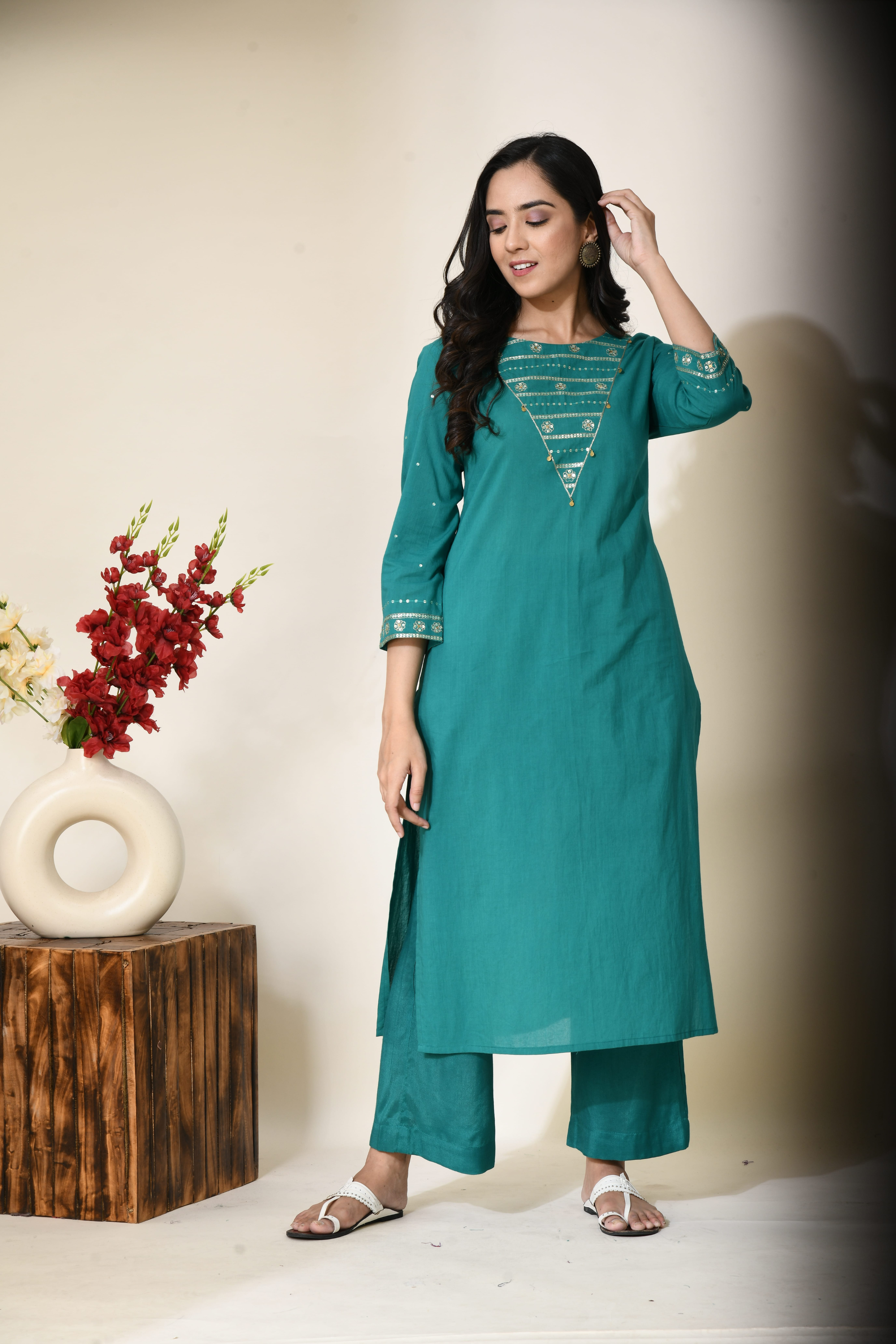 Forest Green Aari Zari Work Pure Cotton Kurta | Green Cotton Kurta for Women