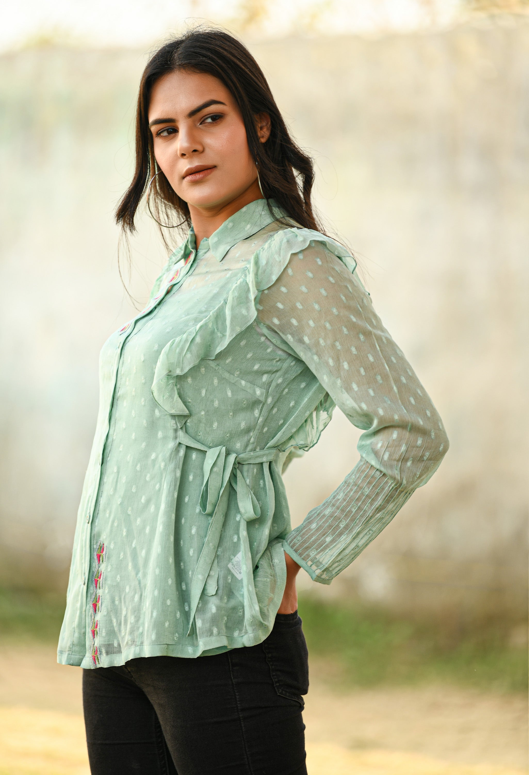 Mint Green Phulkari Embroidery Chiffon Top | Green Embroidery Chiffon Top