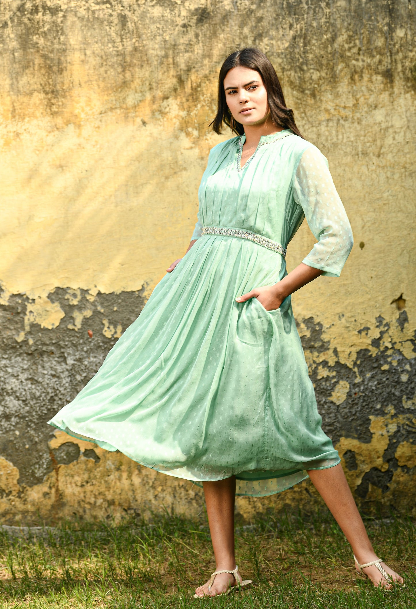 Mint Moosham Chiffon Flare Dress | Buy Mint Chiffon Dress Onl