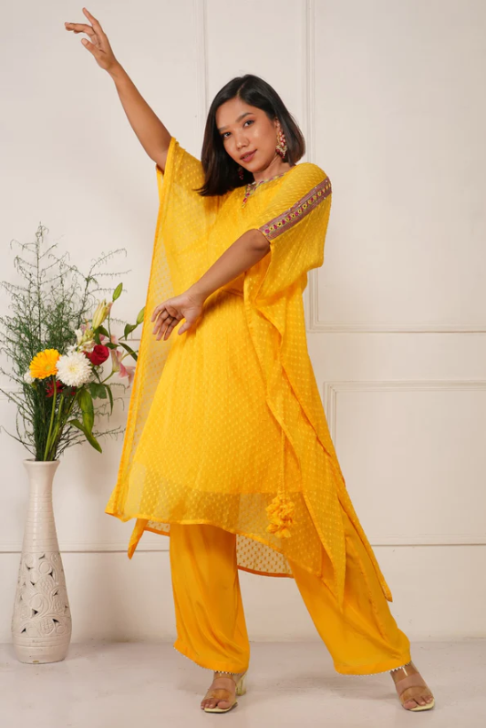 Yellow Hand Embroidery Kaftan With Crape Pants | Hand Embroidery Kaftan  With Pant