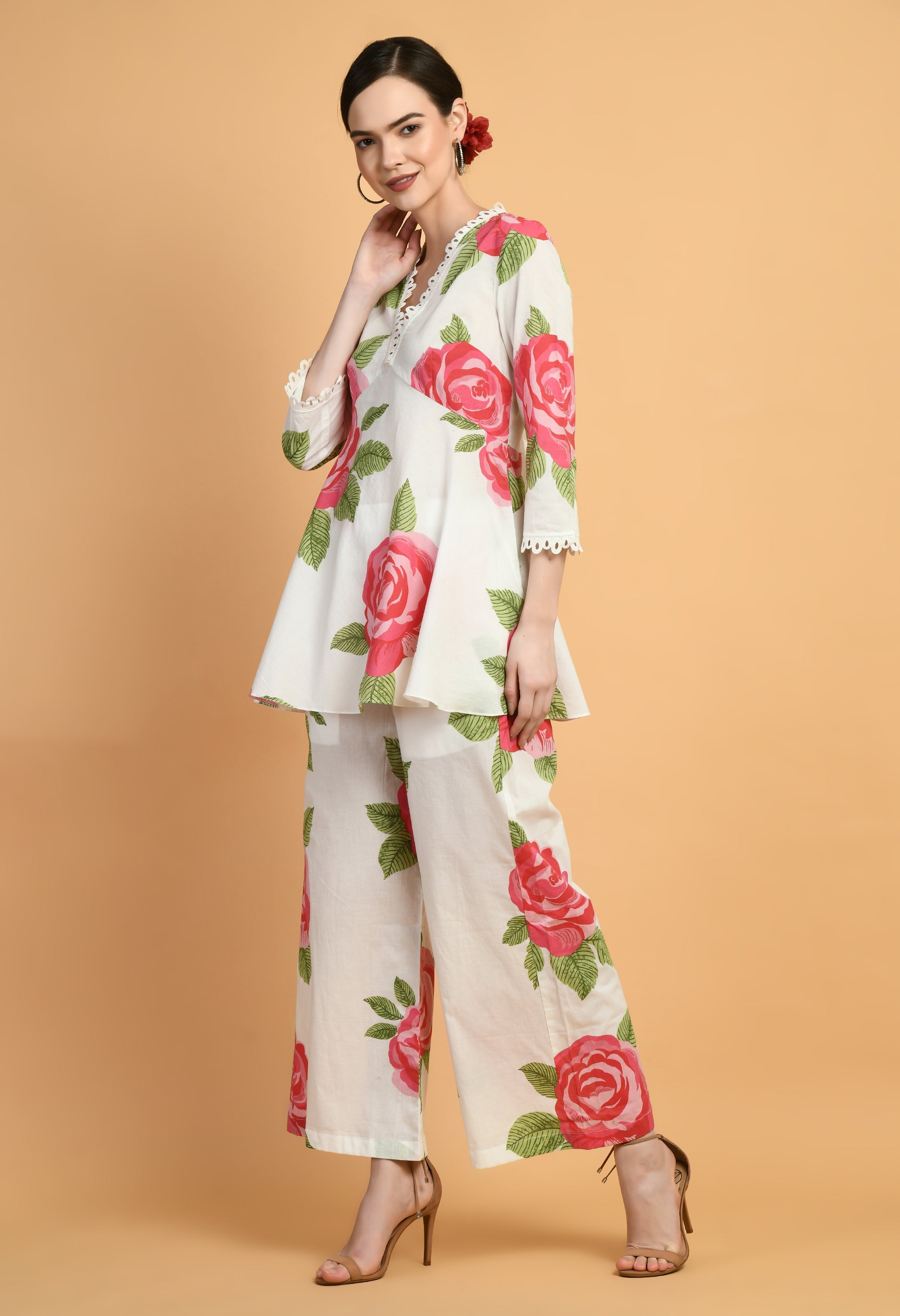 Rose Print Aaliya Cut Top and Pant Set | Flower Print Top Set