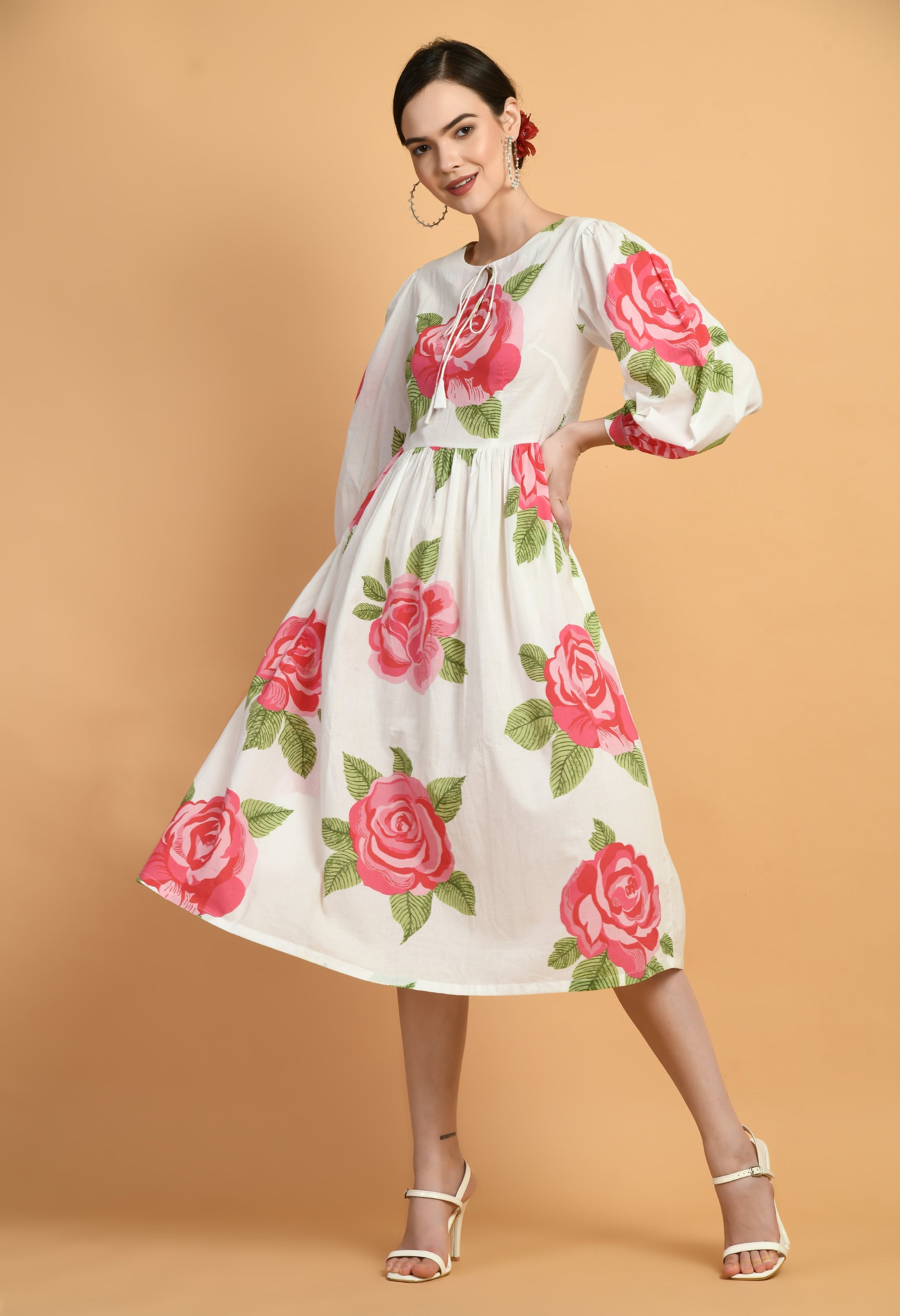 Surkh Gulab Cotton Fit and Flare Dress | Floral Printed Cotton Fit & Flare Dress