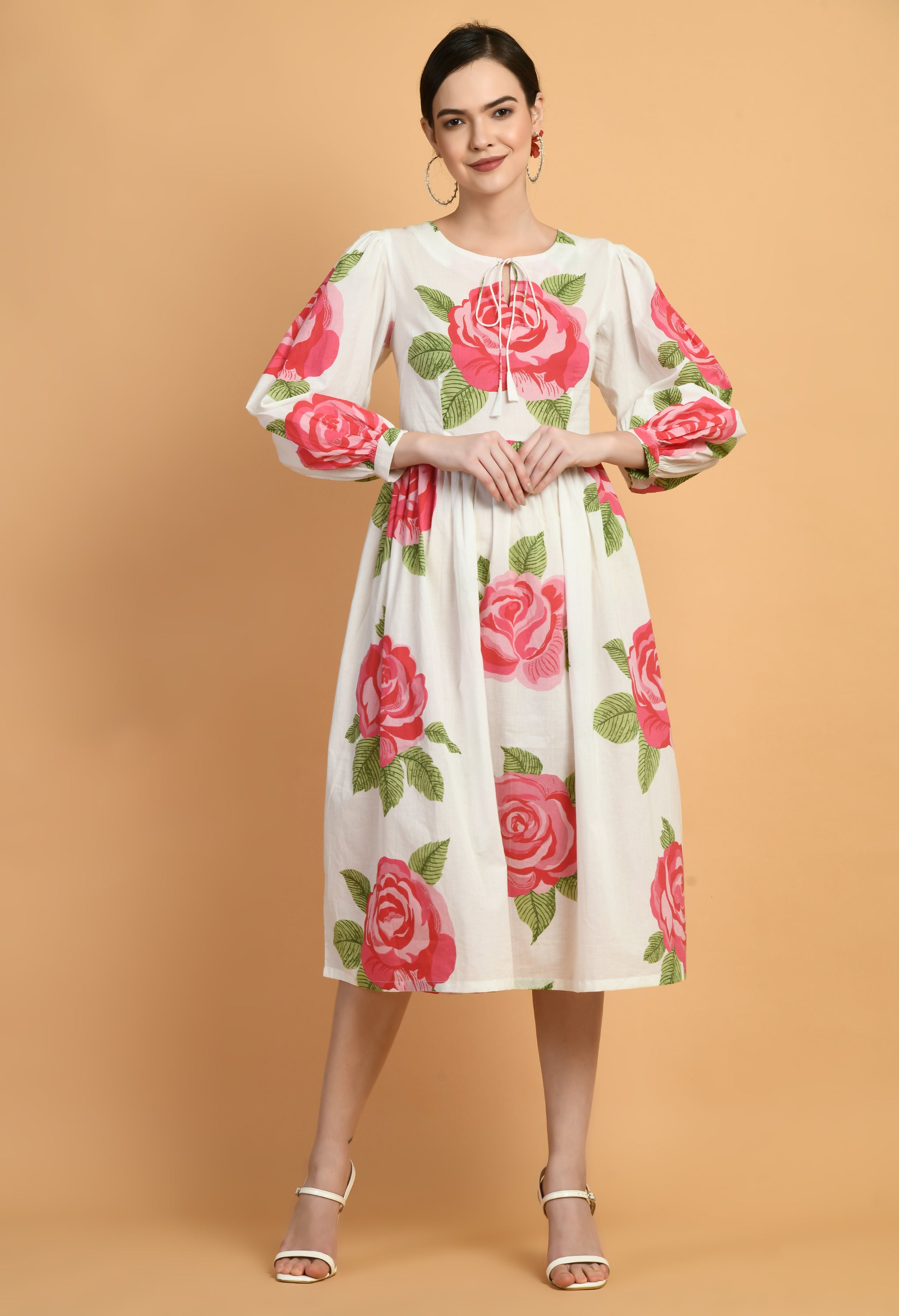Surkh Gulab Cotton Fit and Flare Dress | Floral Printed Cotton Fit & Flare Dress