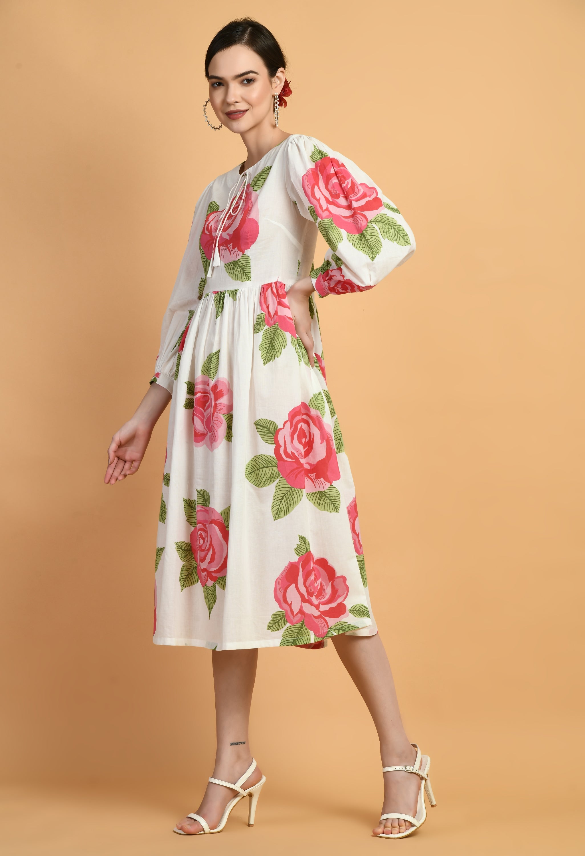 Surkh Gulab Cotton Fit and Flare Dress | Floral Printed Cotton Fit & Flare Dress
