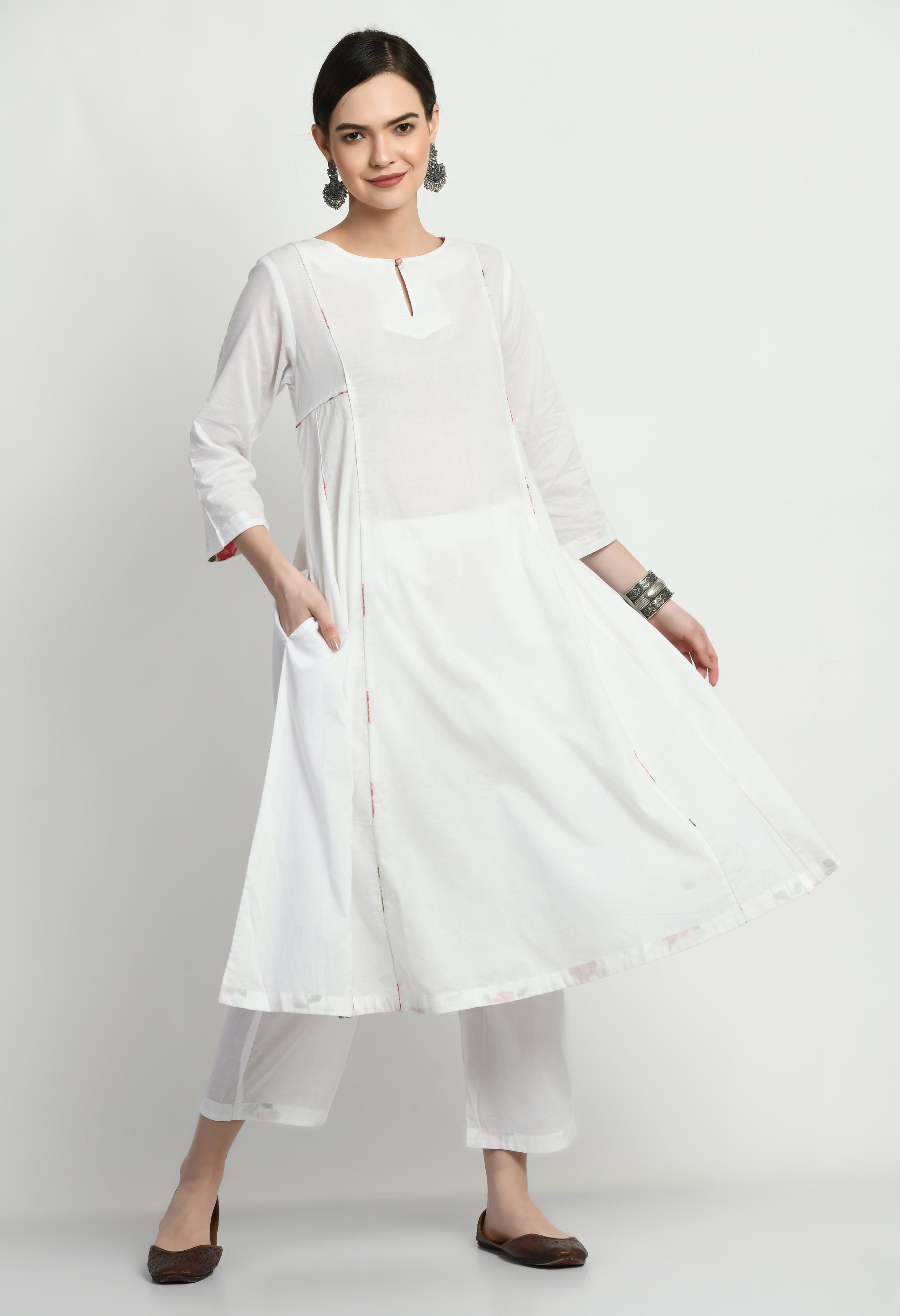 Milky White Panel Cotton Kurta Set | White Kurta Sets for Women